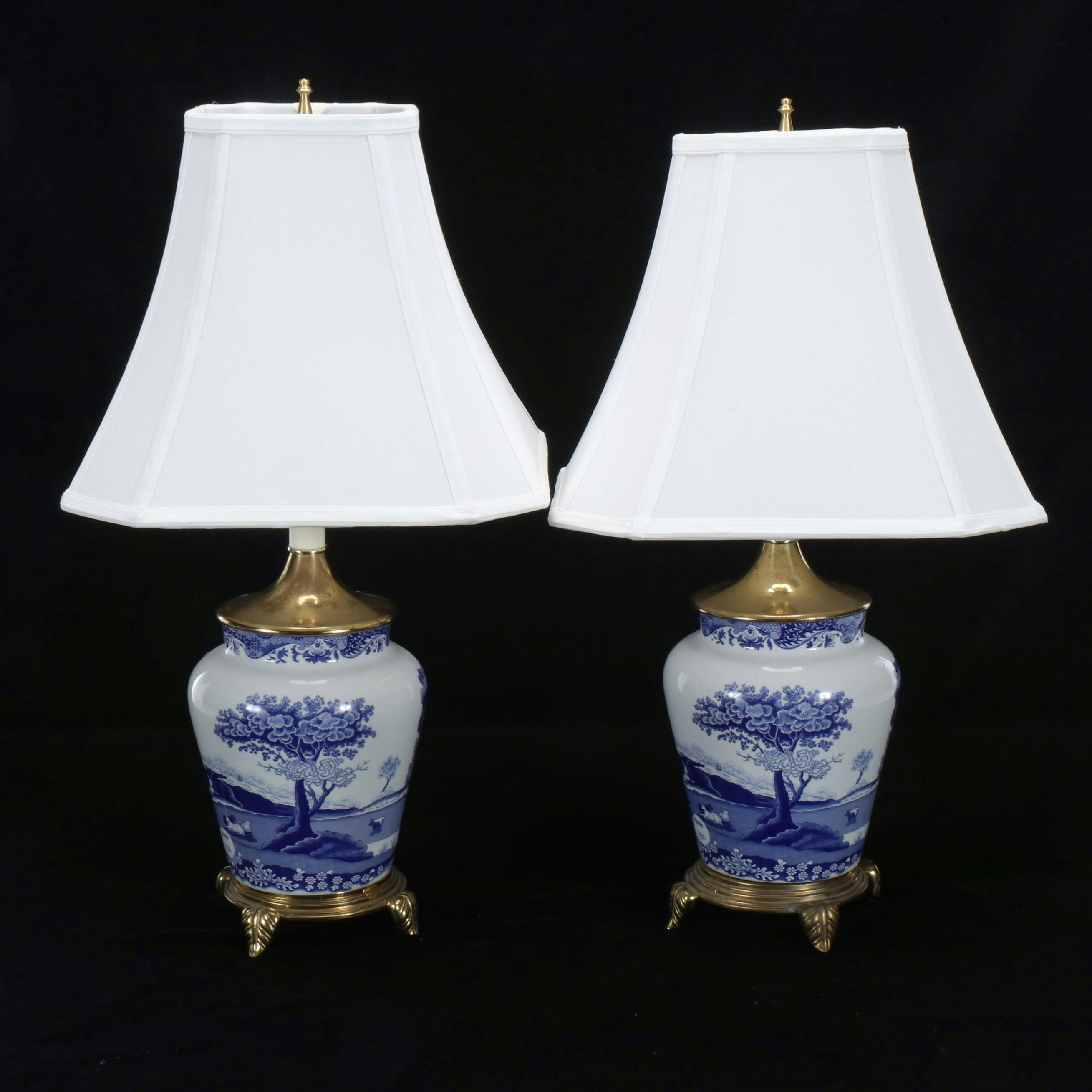 Spode "Italian" Ceramic and Brass Table Lamps with Fabric Shades