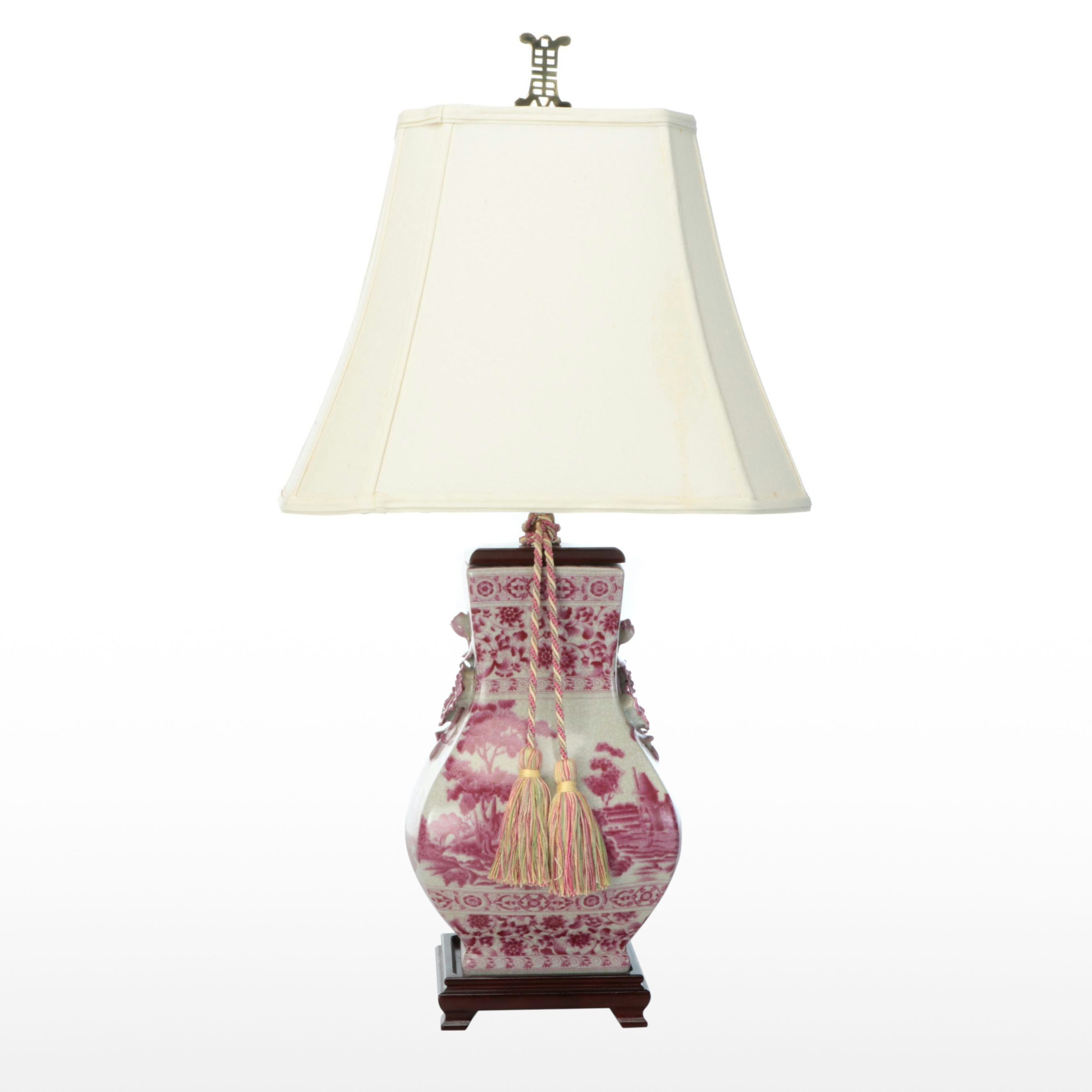 Chinese Hu Form Pink and White Ceramic Vase Table Lamp with Silk Shade
