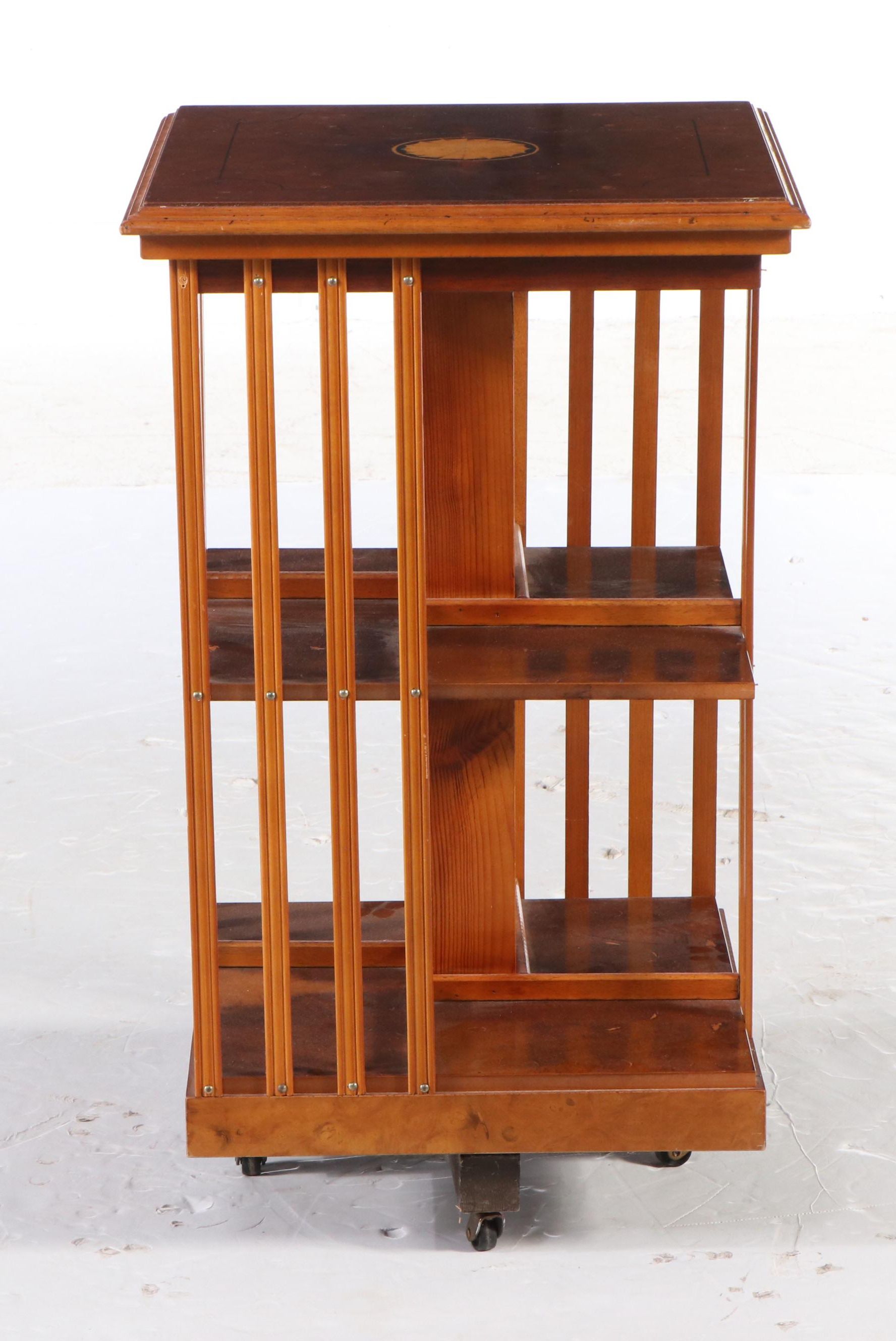 Edwardian Style Inlaid Burl and Mixed Wood Revolving Bookcase, 20th Century