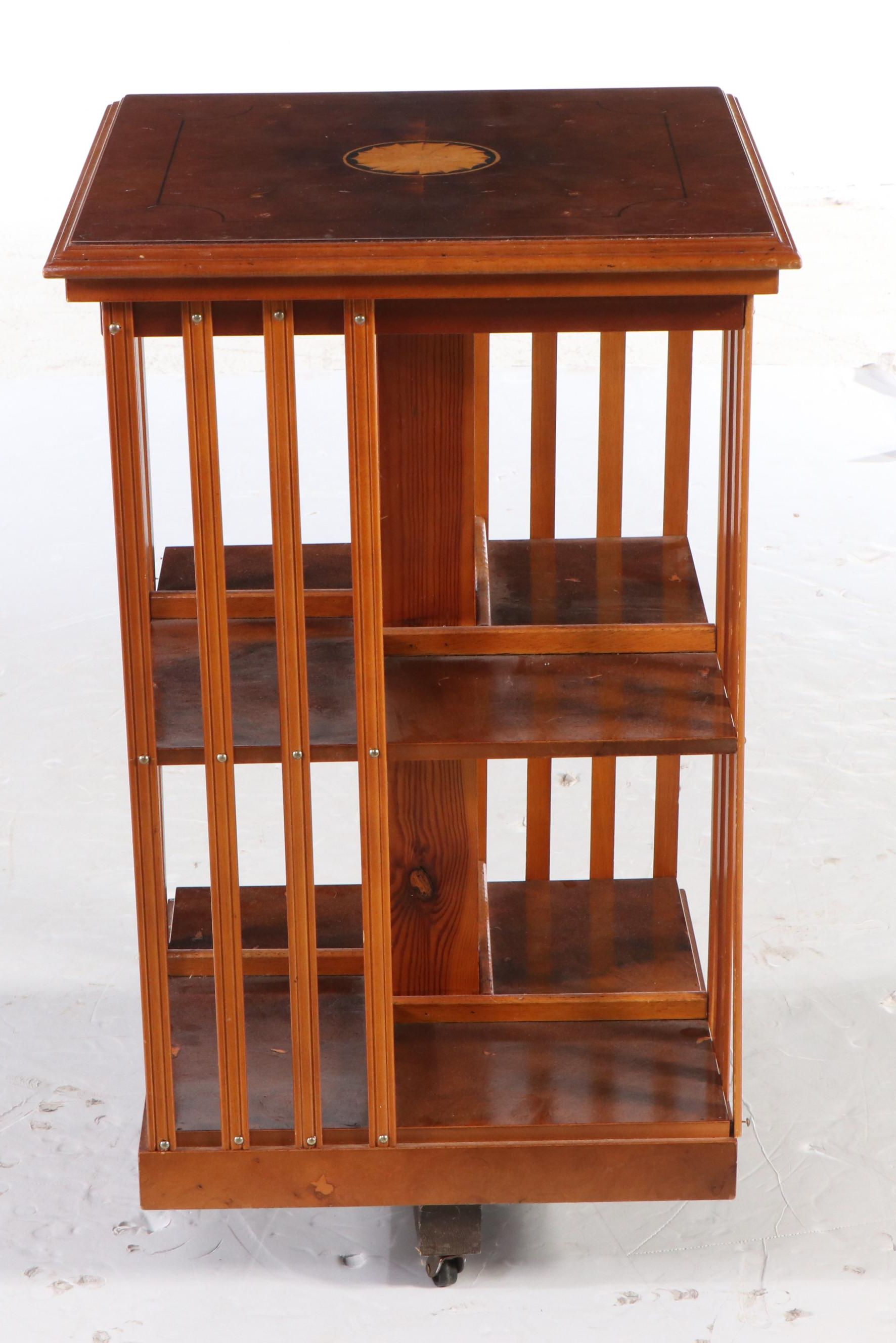 Edwardian Style Inlaid Burl and Mixed Wood Revolving Bookcase, 20th Century