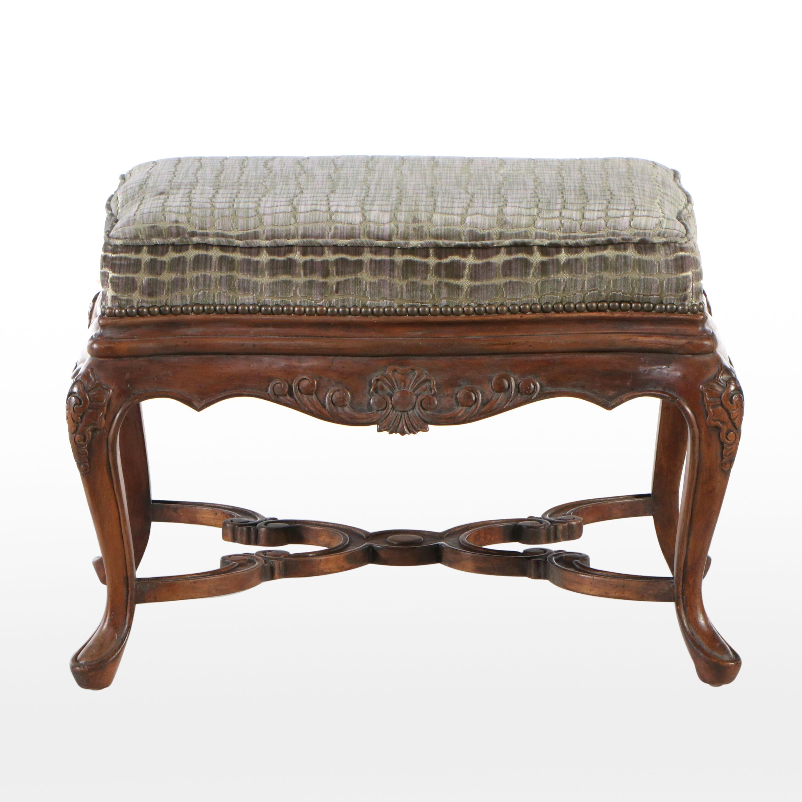 French Provincial Style Carved Wood Upholstered Footstool