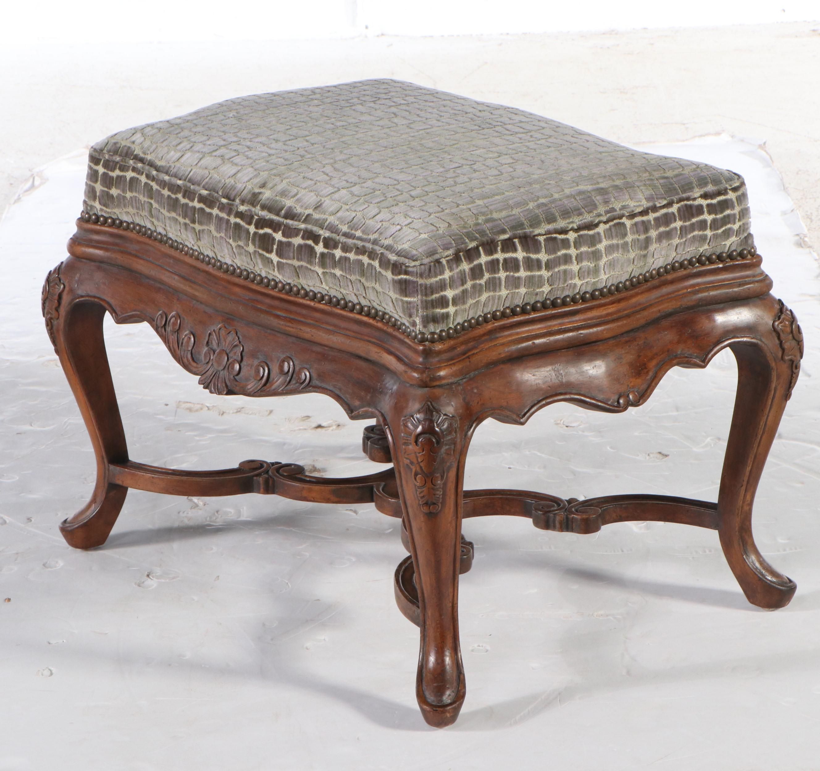 French Provincial Style Carved Wood Upholstered Footstool