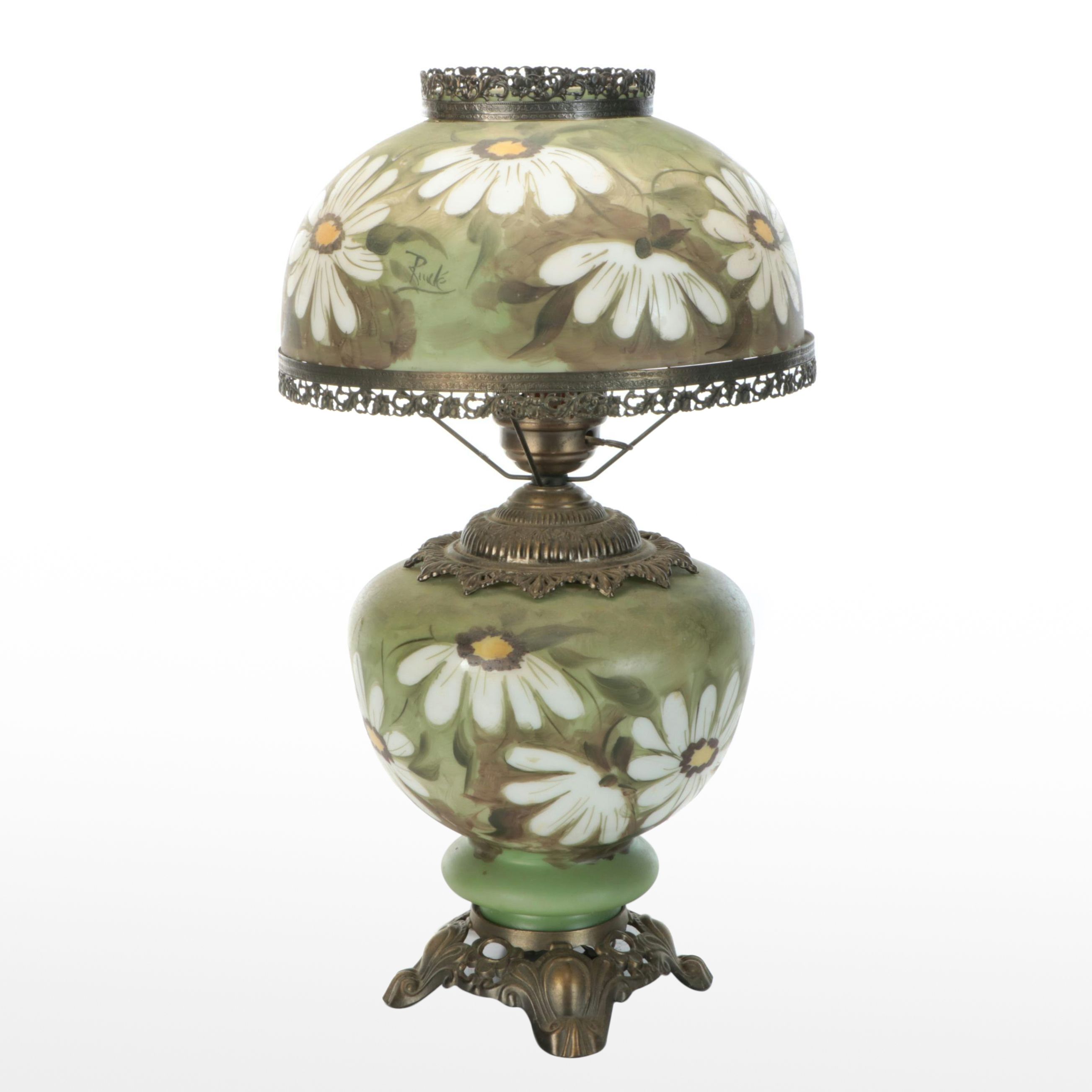 Late Victorian Hobbyist Hand-Painted Glass Parlor Lamp