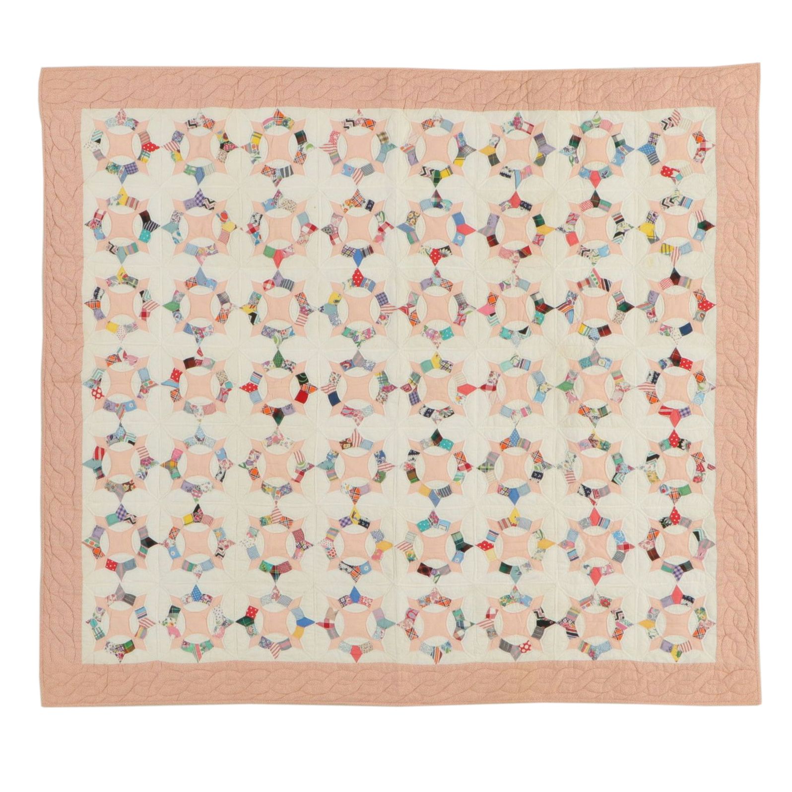 Handmade Patchwork "Caesar's Crown" Quilt with Peach Floral Border