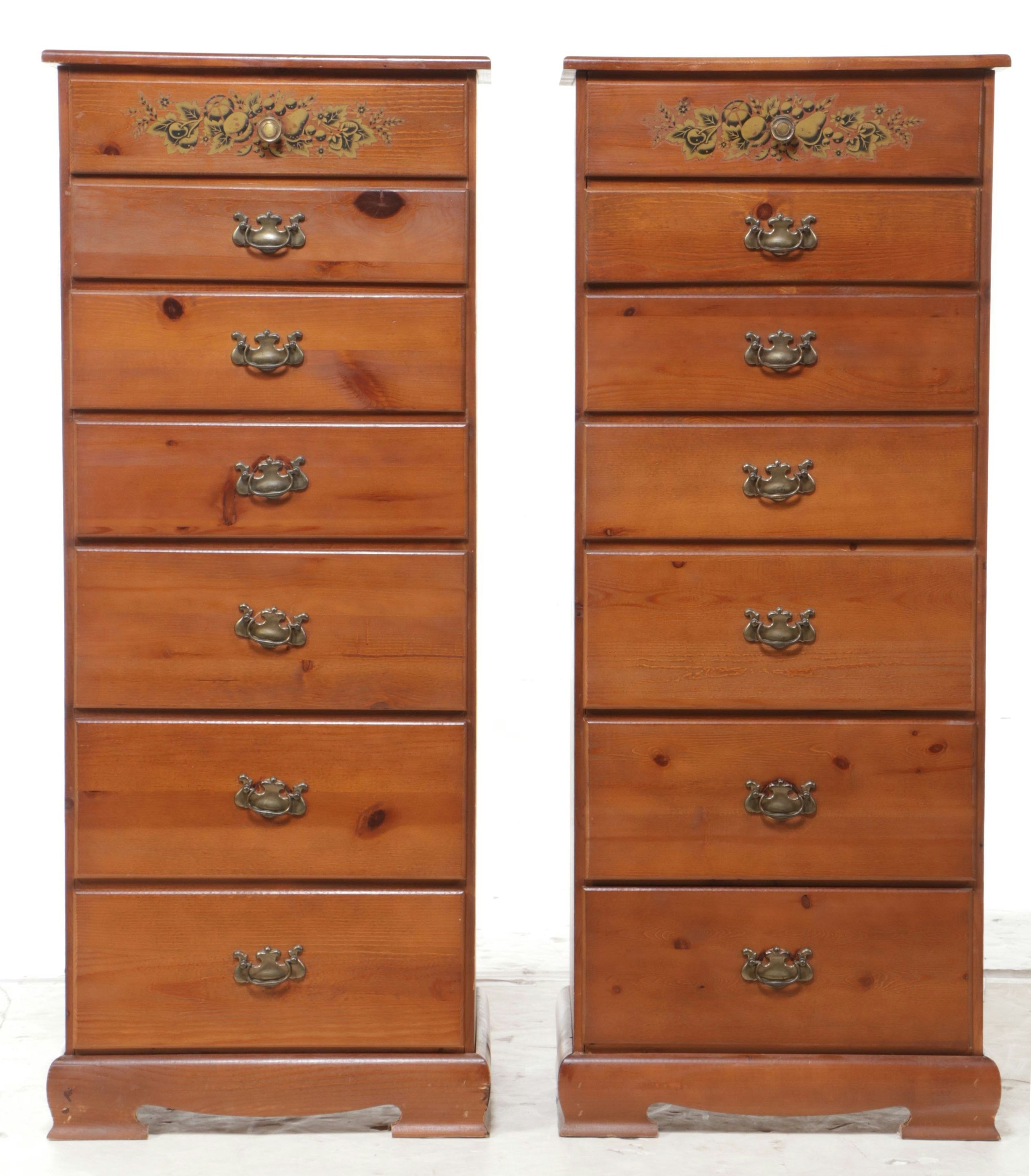 Pair of Traditional Style Stenciled Wooden Tall Chests