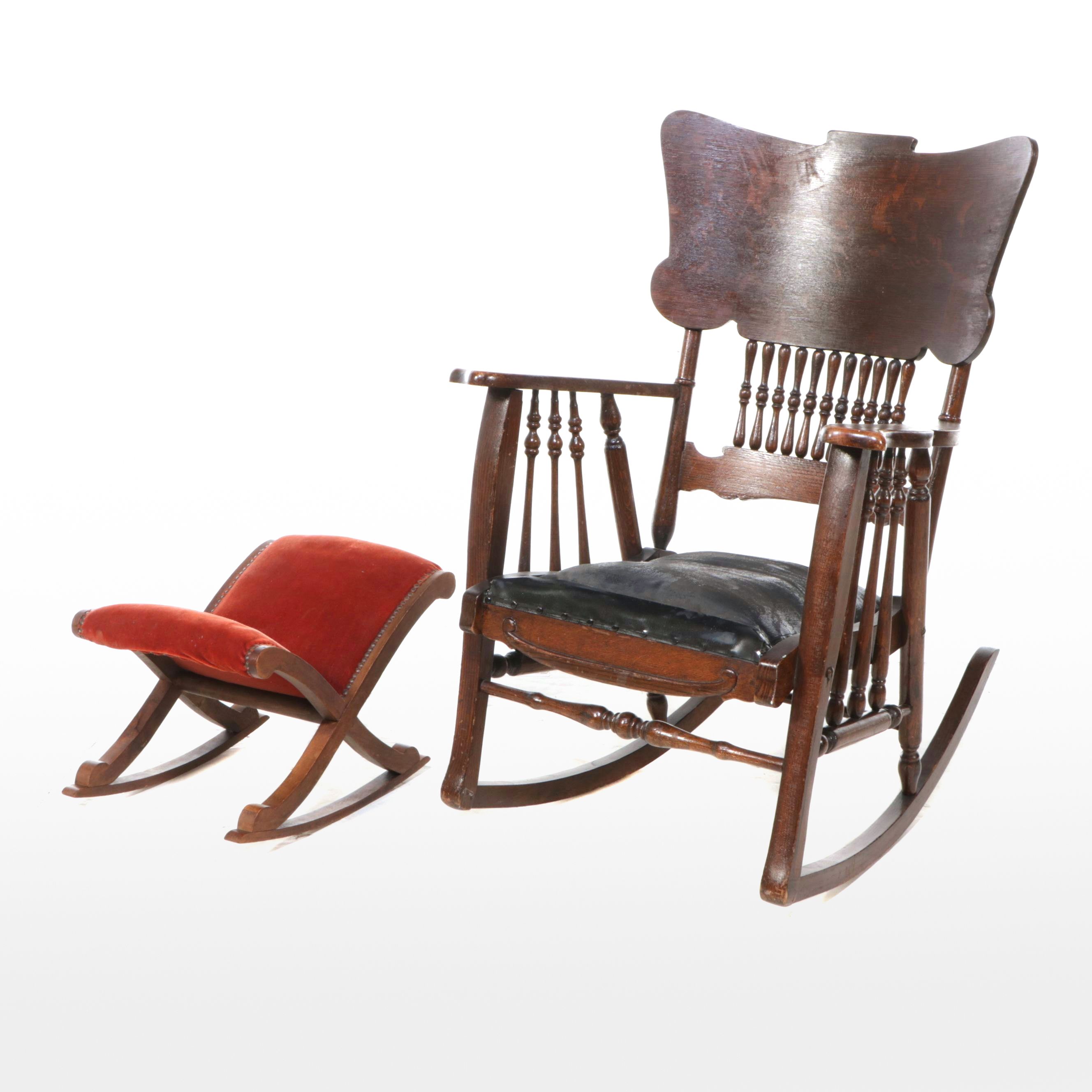 Eastlake Pressed-Back Oak Rocking Chair with Footstool