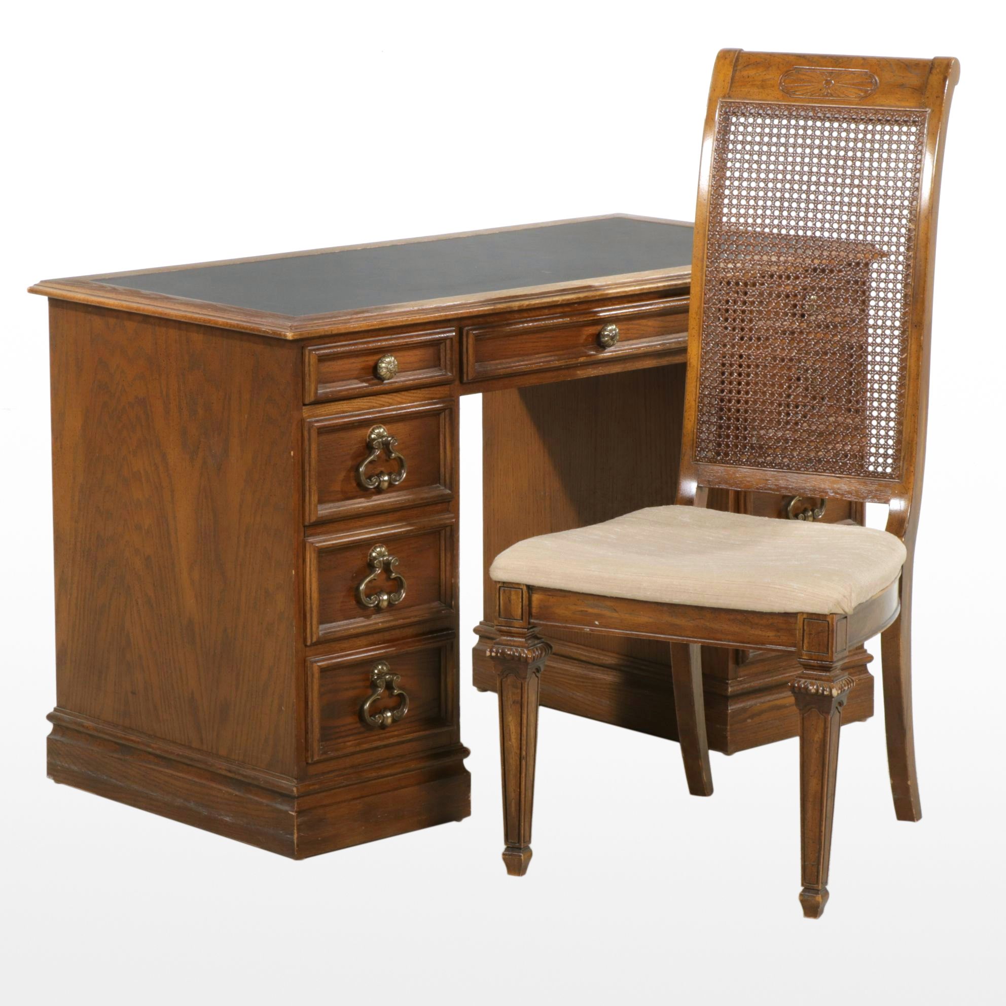 Sligh Spanish Baroque Style Oak Kneehole  Desk with Thomasville Cane-Back Chair
