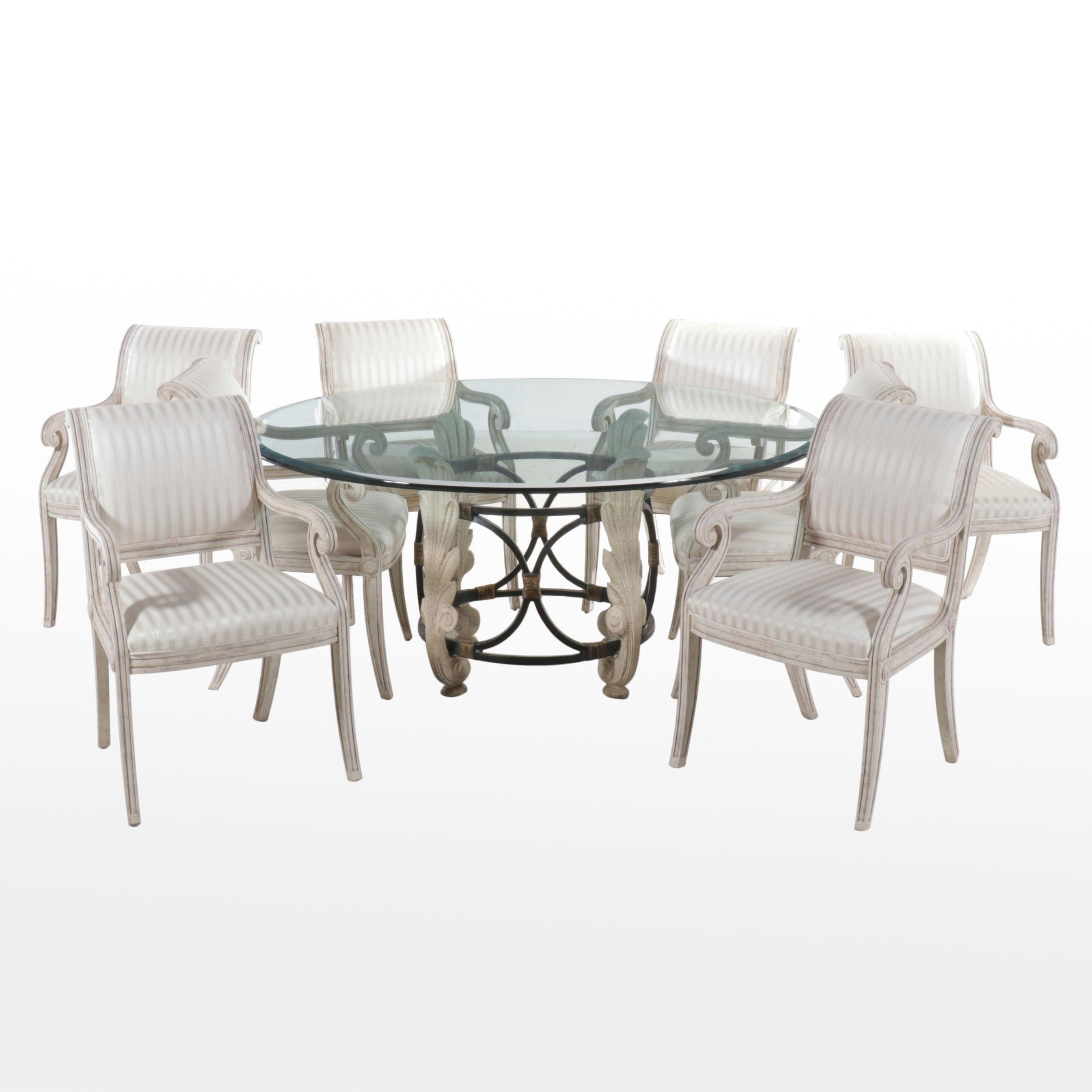 Glass Top Dining Table with Six Louis Philippe Style Painted Armchairs