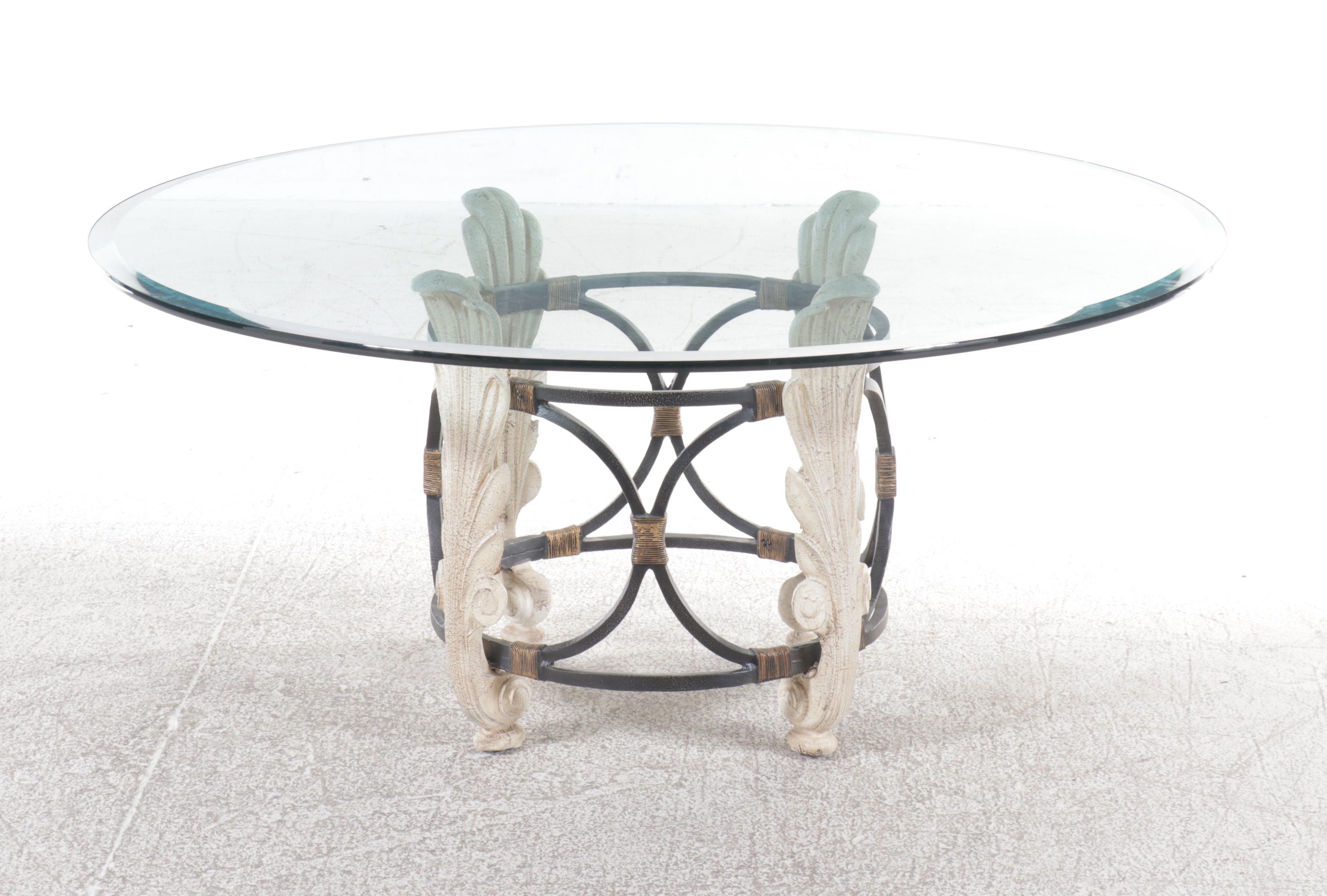 Glass Top Dining Table with Six Louis Philippe Style Painted Armchairs