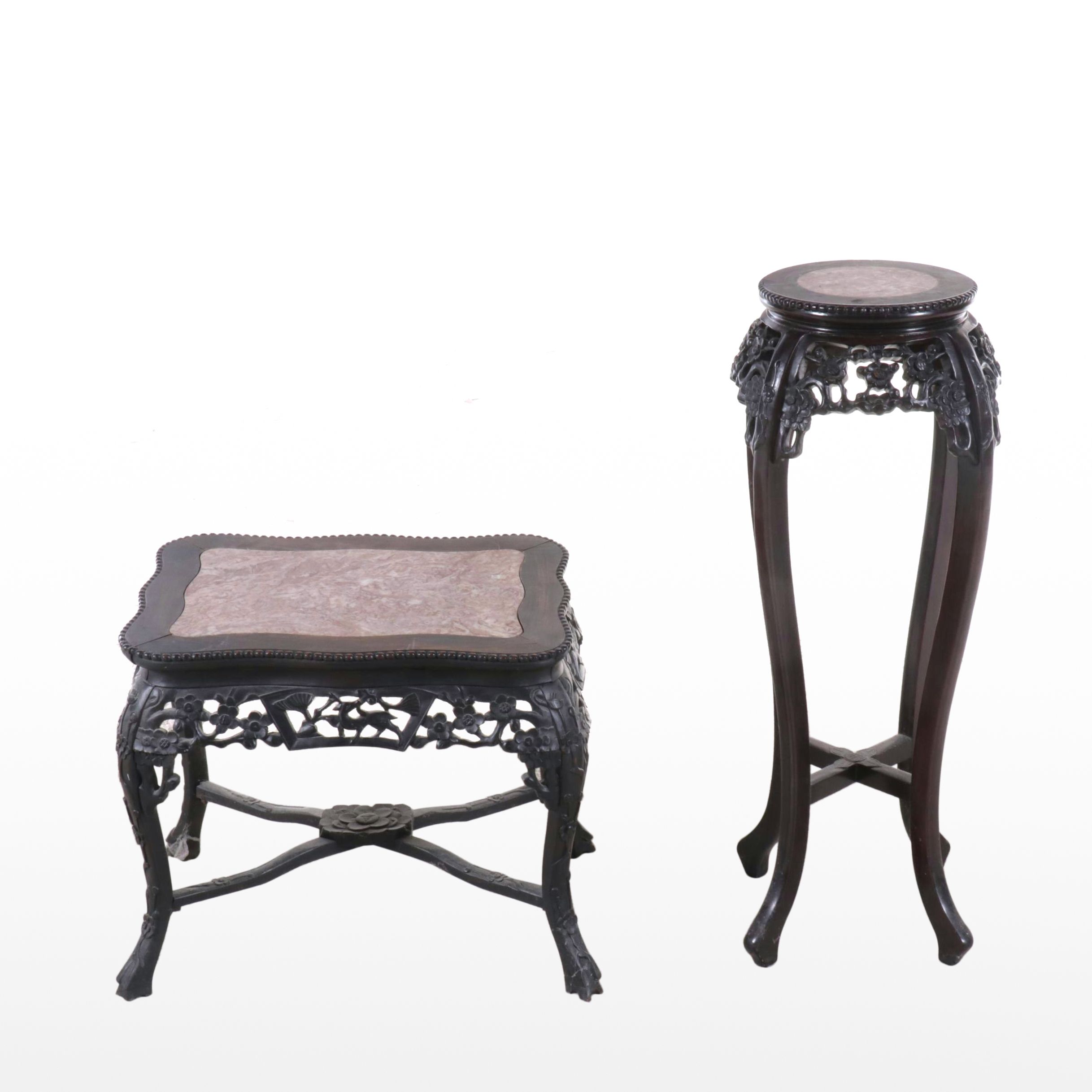 Chinese Carved Wooden Stands with Marble Tops