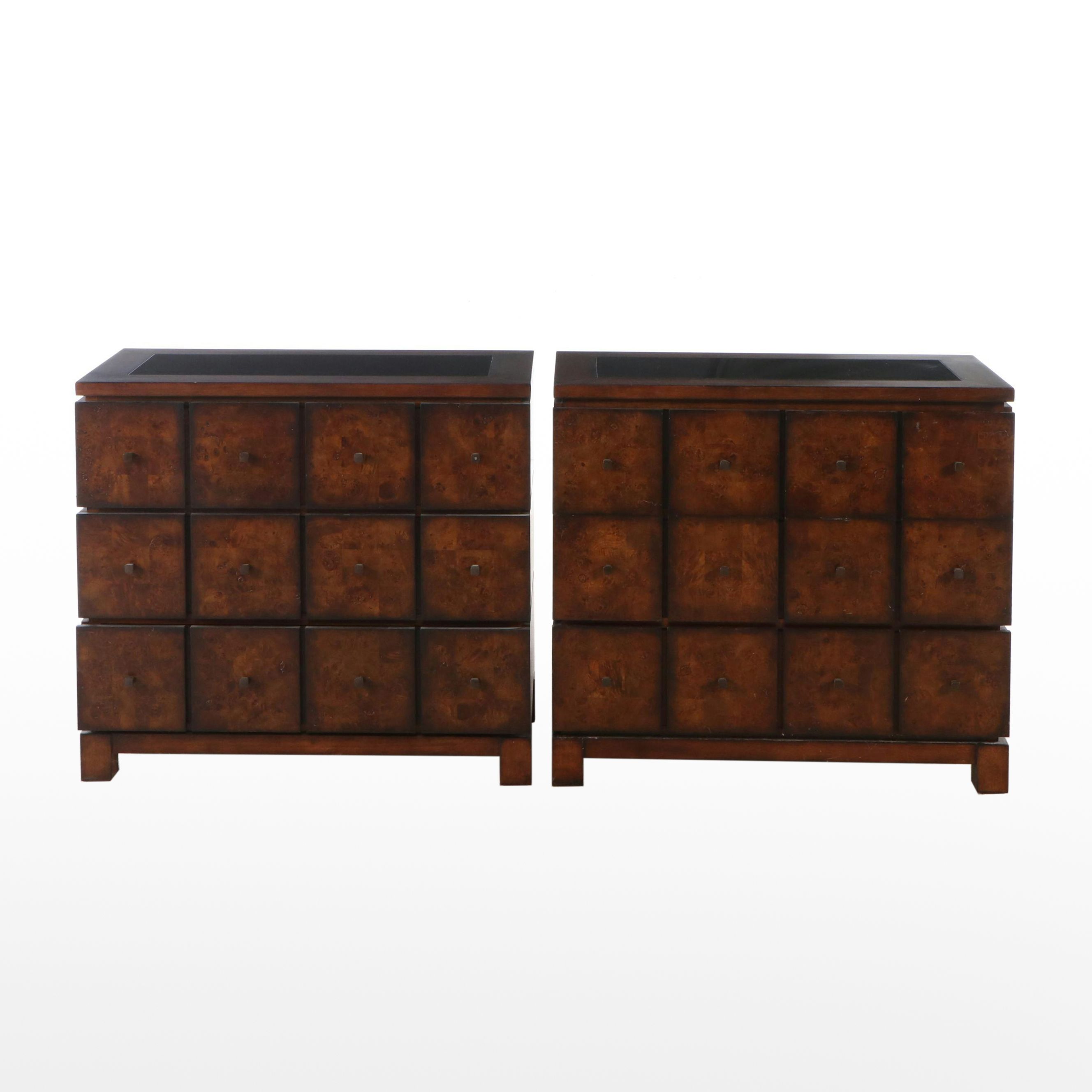Pair of Marble Top Burl Wood Nightstands