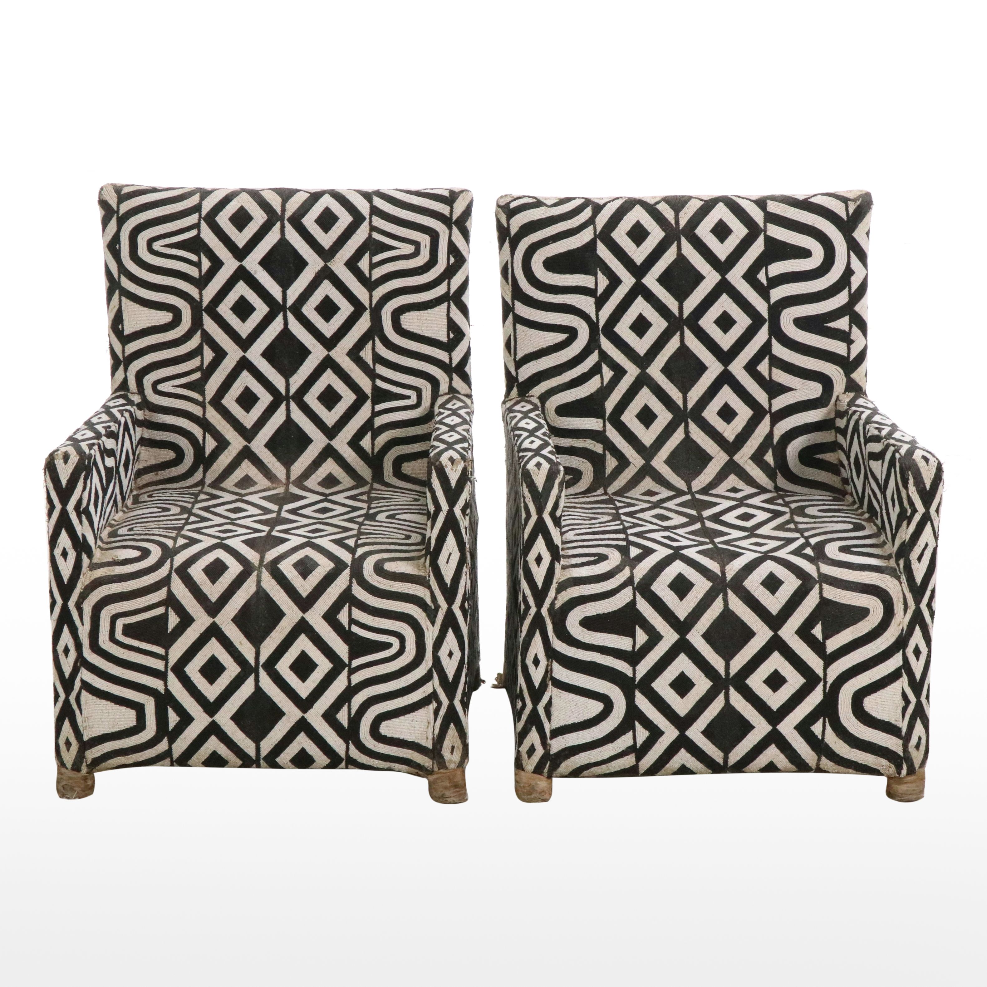 Pair of West African Yoruba Hand-Beaded Black and White Armchairs