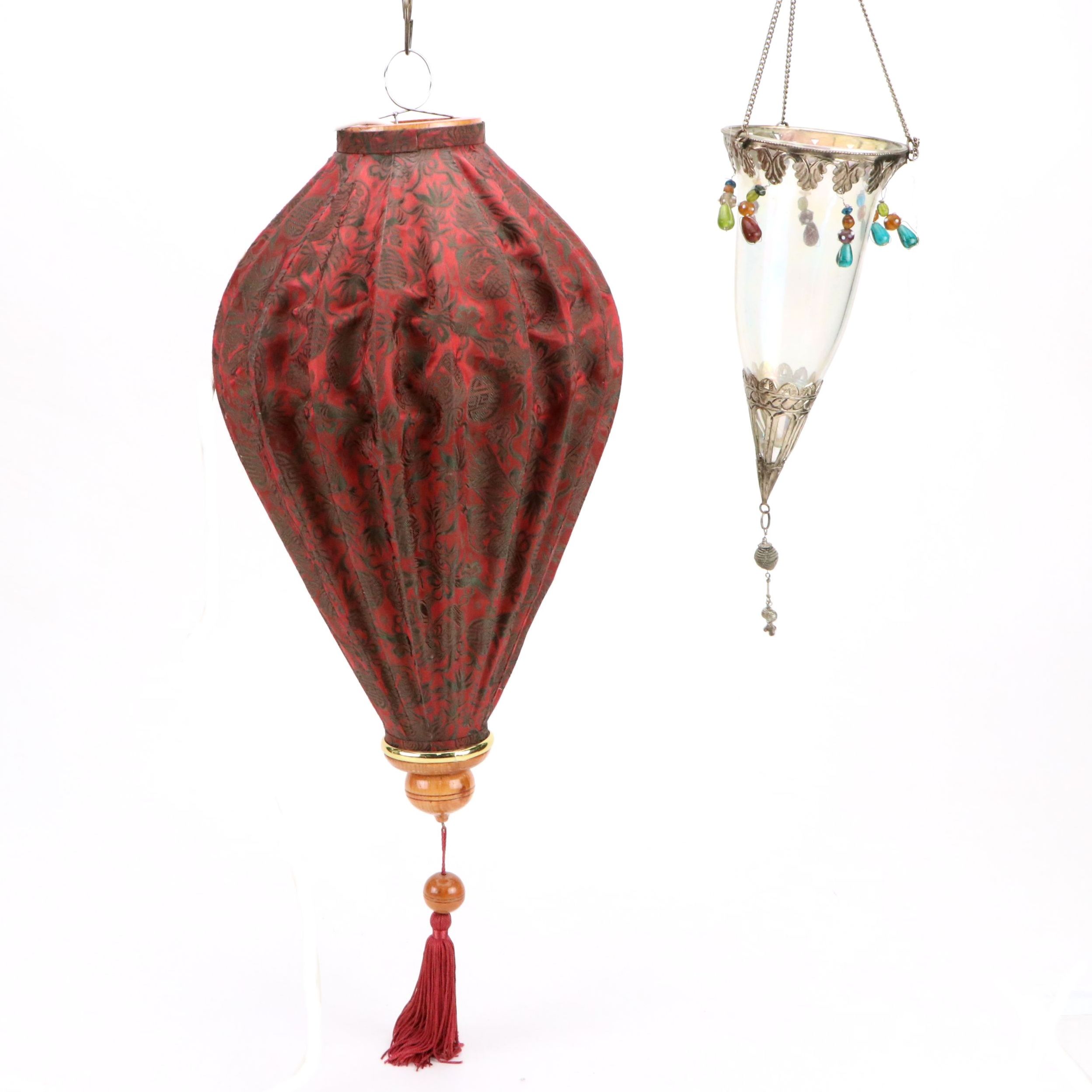 Chinoiserie Fabric Balloon Pendant Lamp, Bohemian Glass Candle Lantern