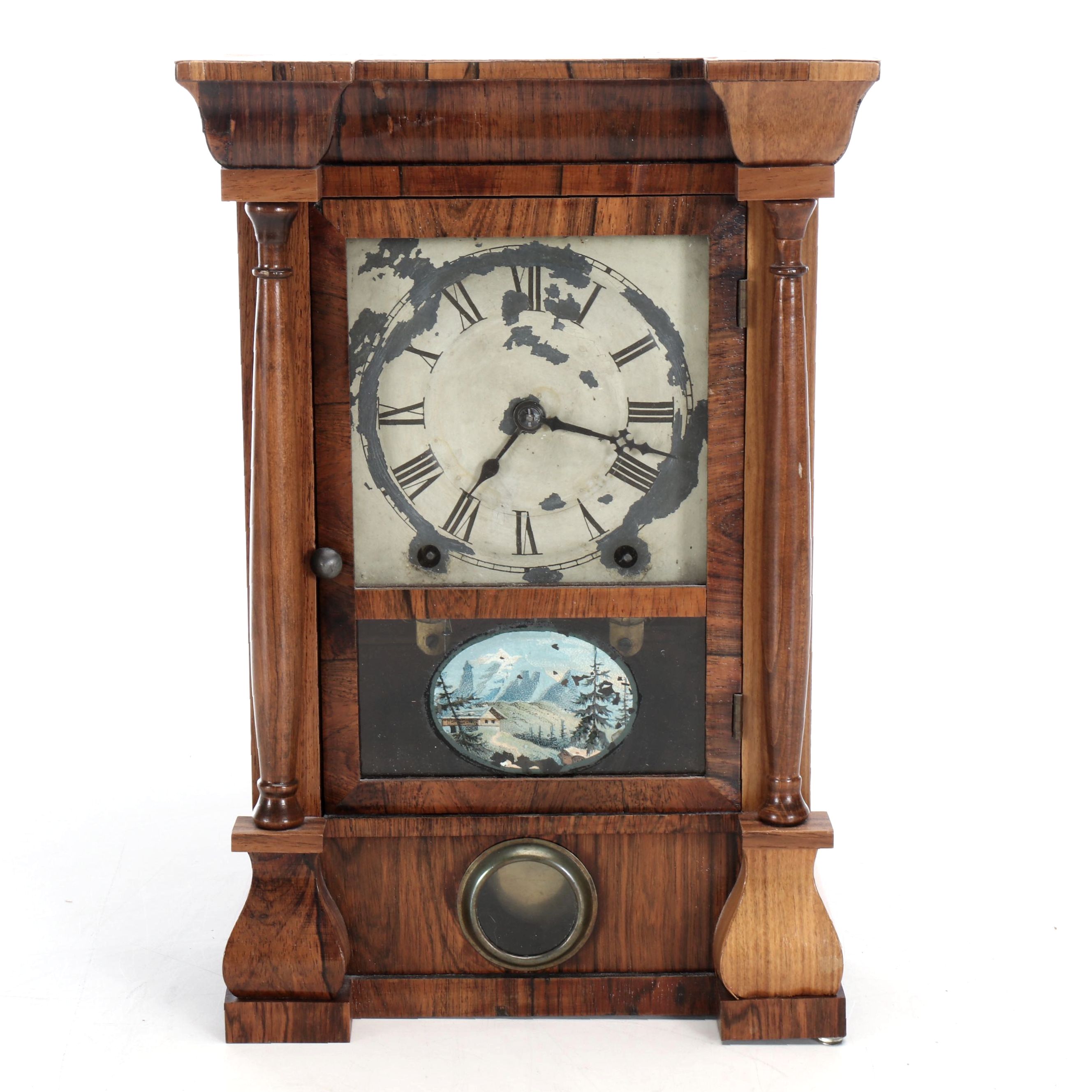 Empire Style Rosewood Shelf Clock with Reverse Glass Alpine Landscape Panel
