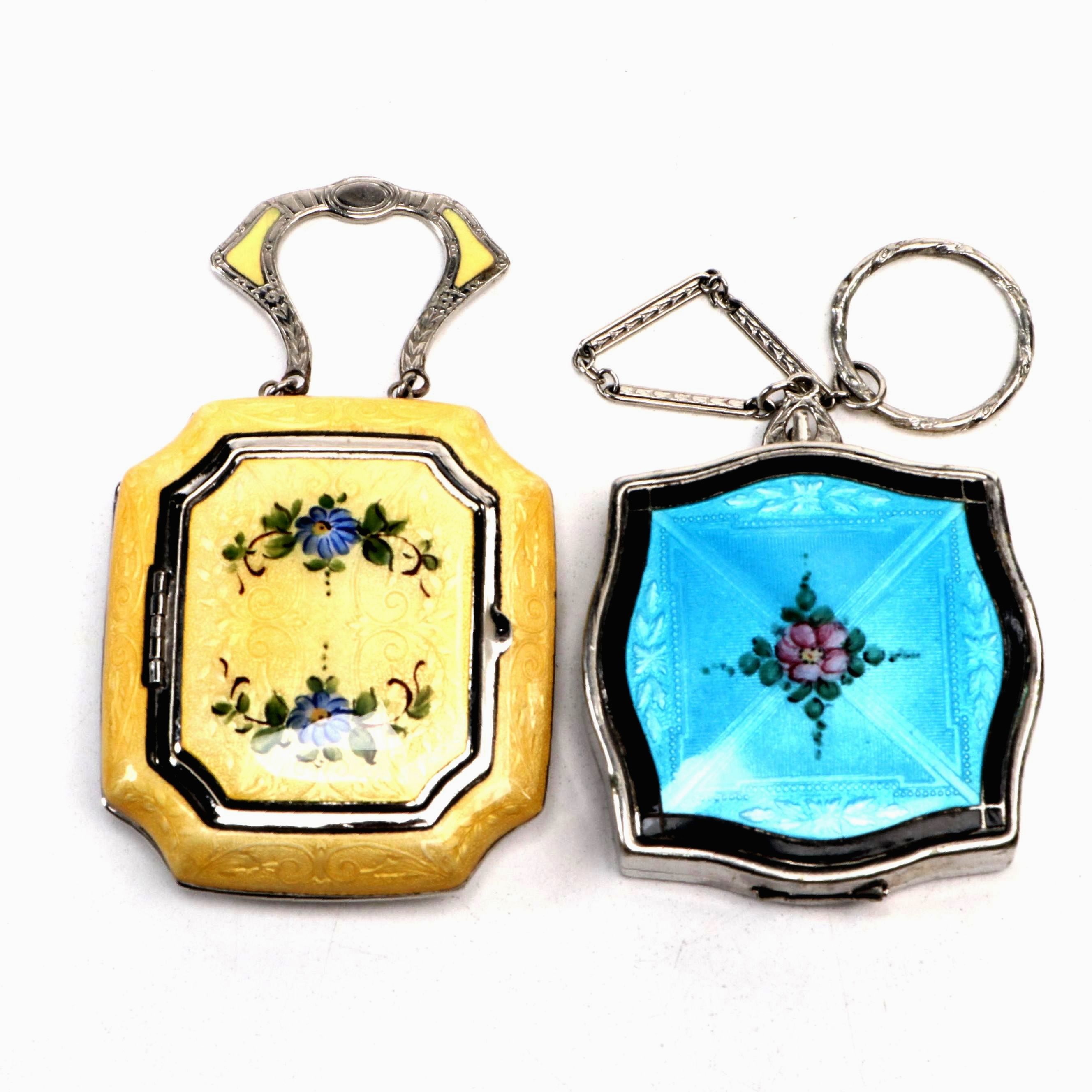 Art Deco Pendant Floral Guilloche Enamel Makeup Compacts
