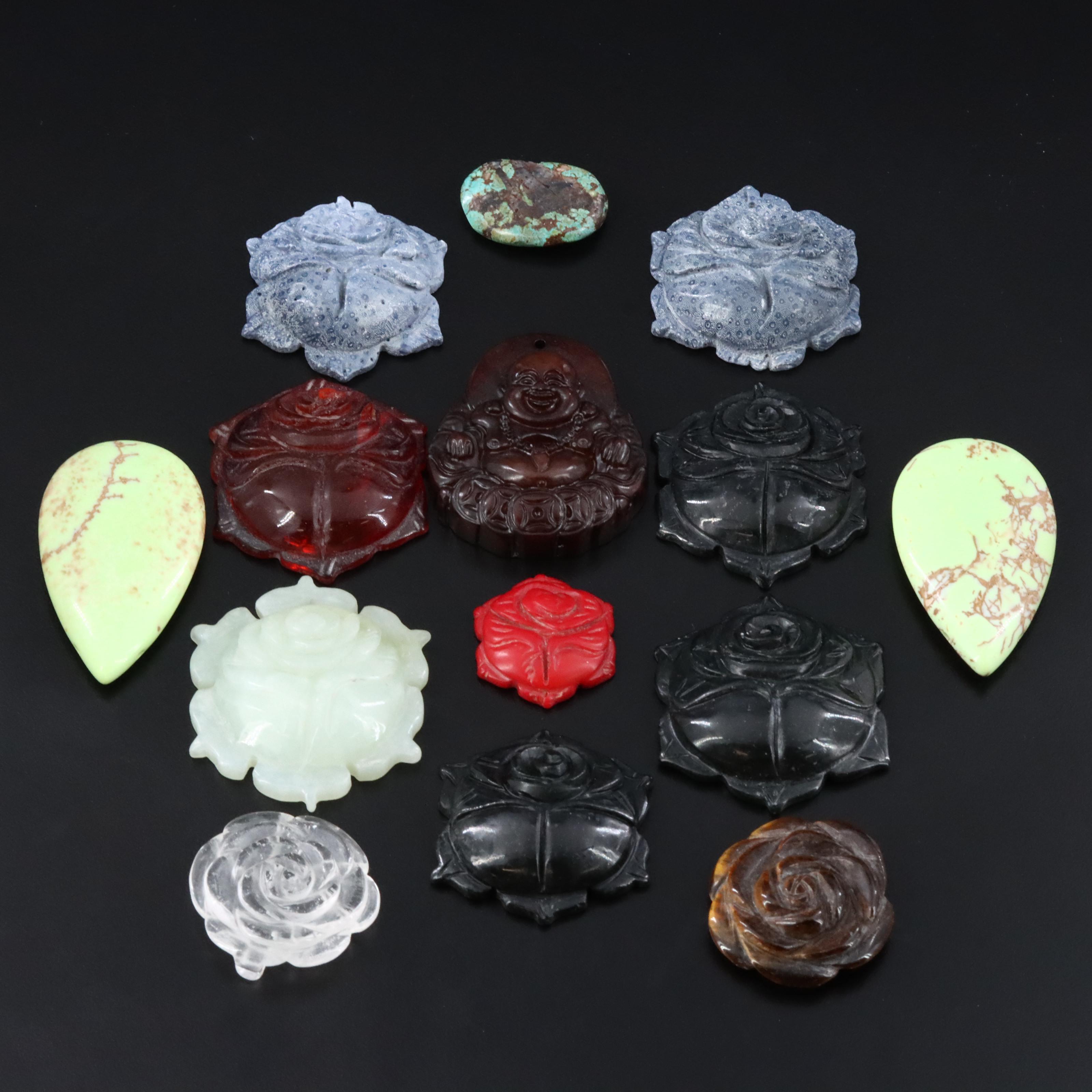 Loose Pendants and Bead Featuring Coral, Tiger's Eye and Rock Crystal