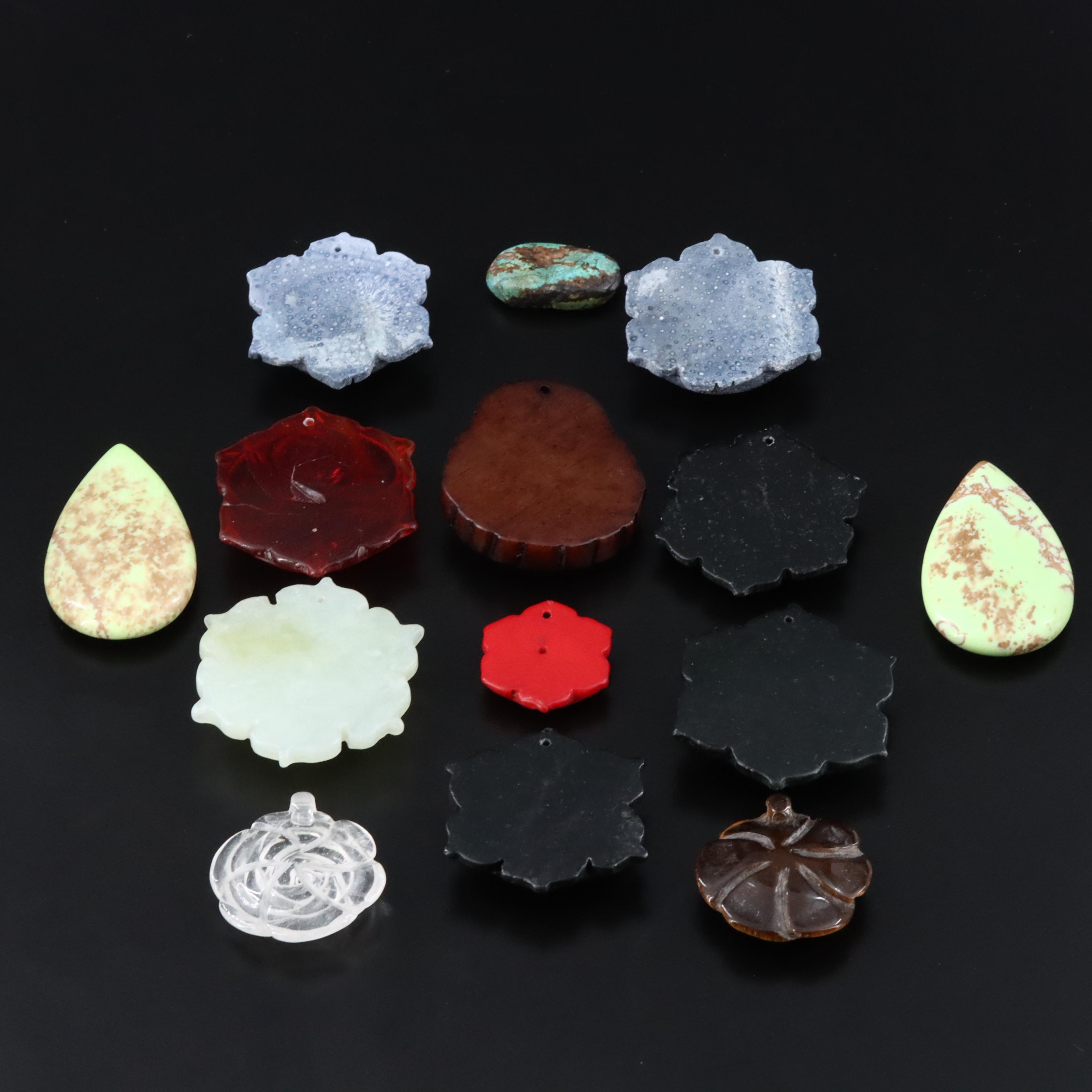 Loose Pendants and Bead Featuring Coral, Tiger's Eye and Rock Crystal