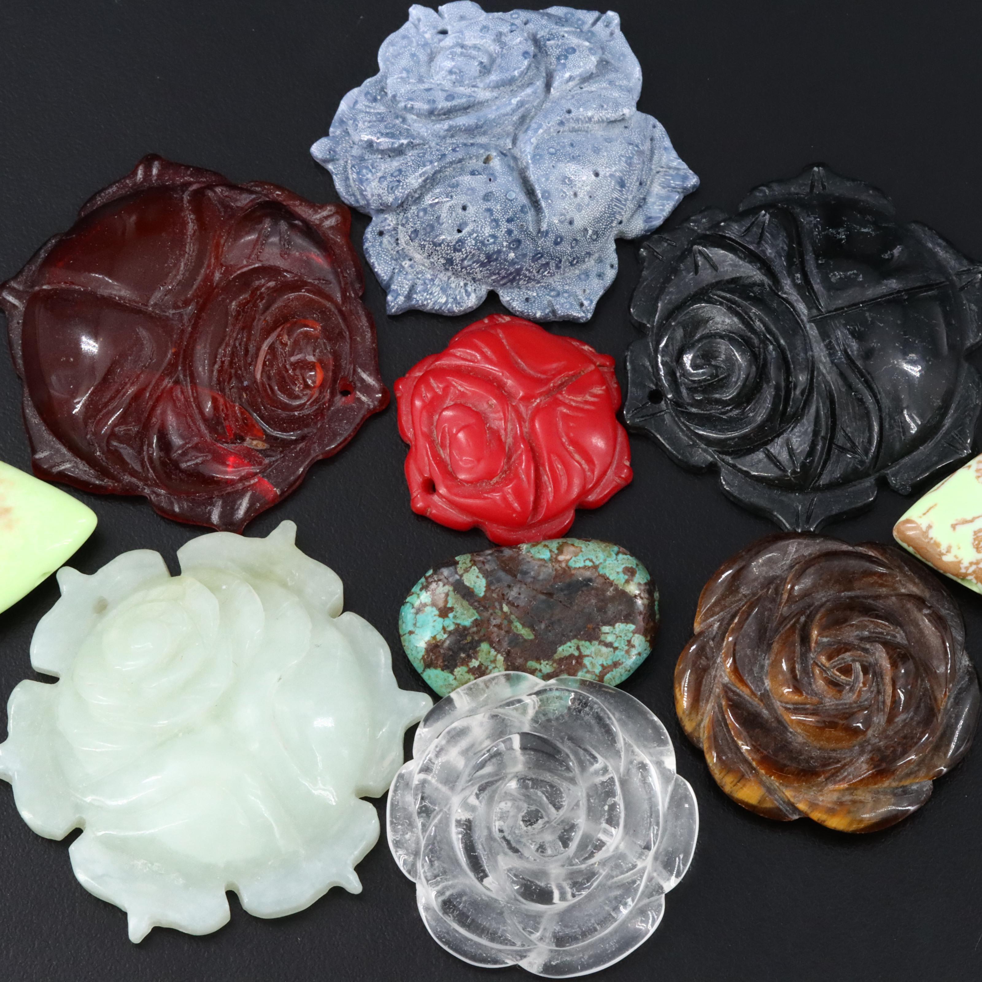 Loose Pendants and Bead Featuring Coral, Tiger's Eye and Rock Crystal