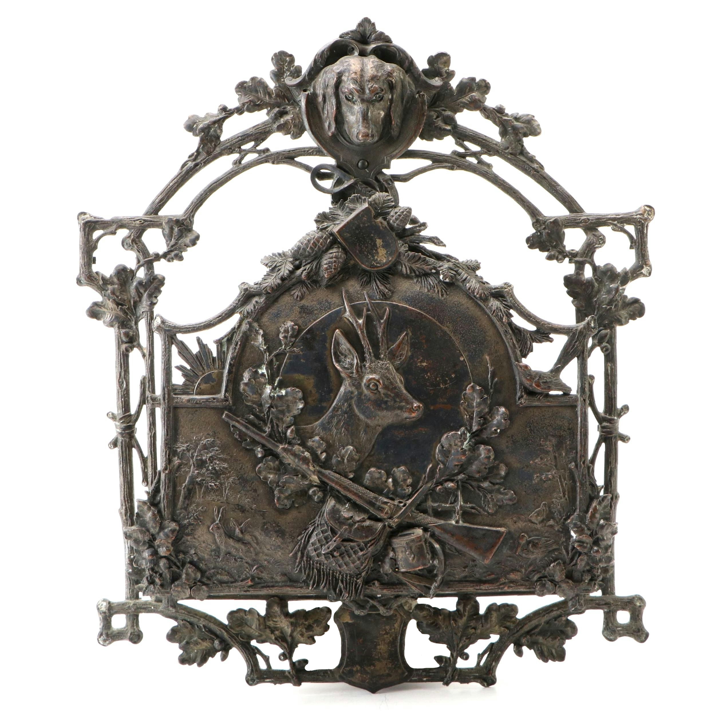 Jugendstihl Black Forest Hunting Theme Bronzed Metal Plaque