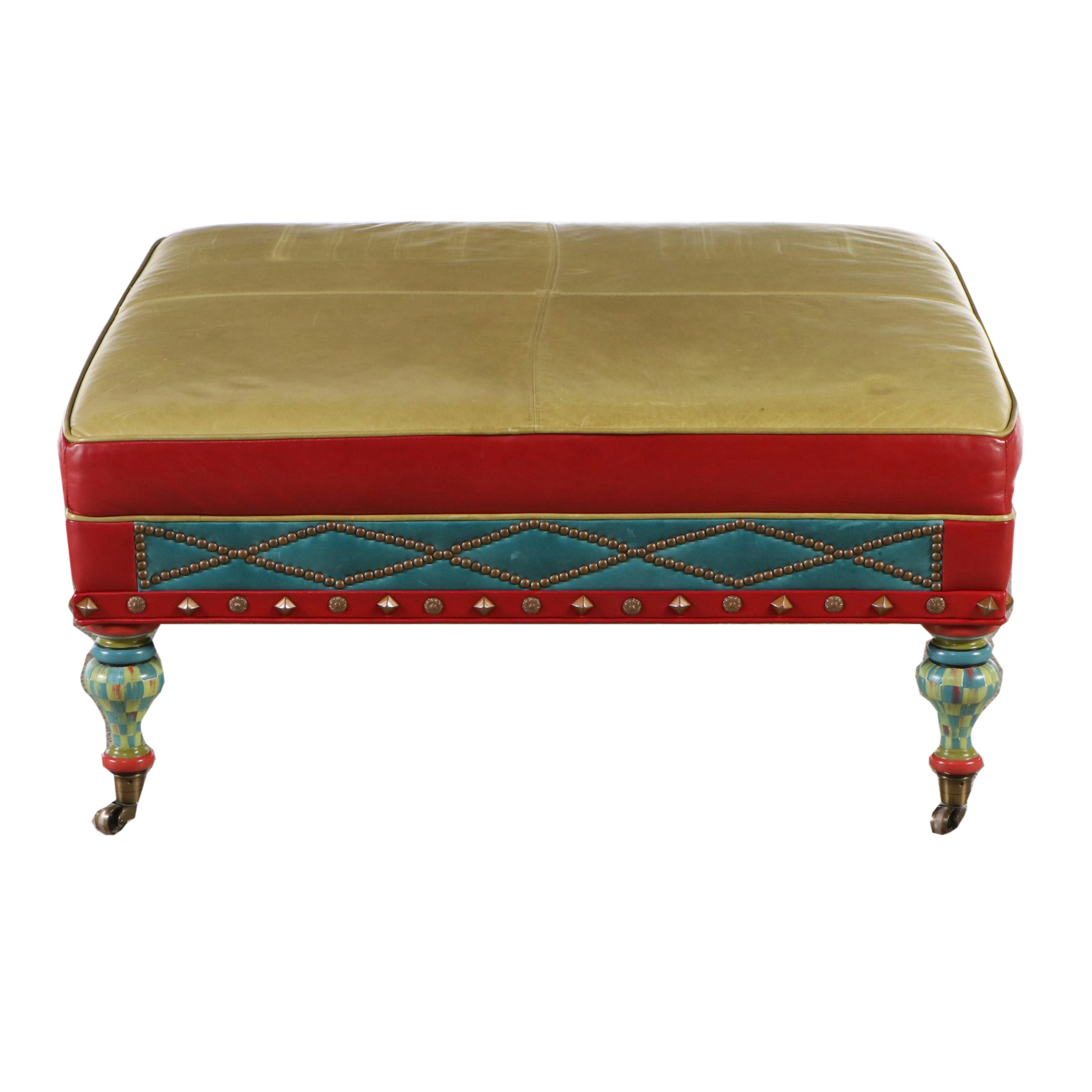 MacKenzie-Childs "Highland" Leather Upholstered Cocktail Ottoman