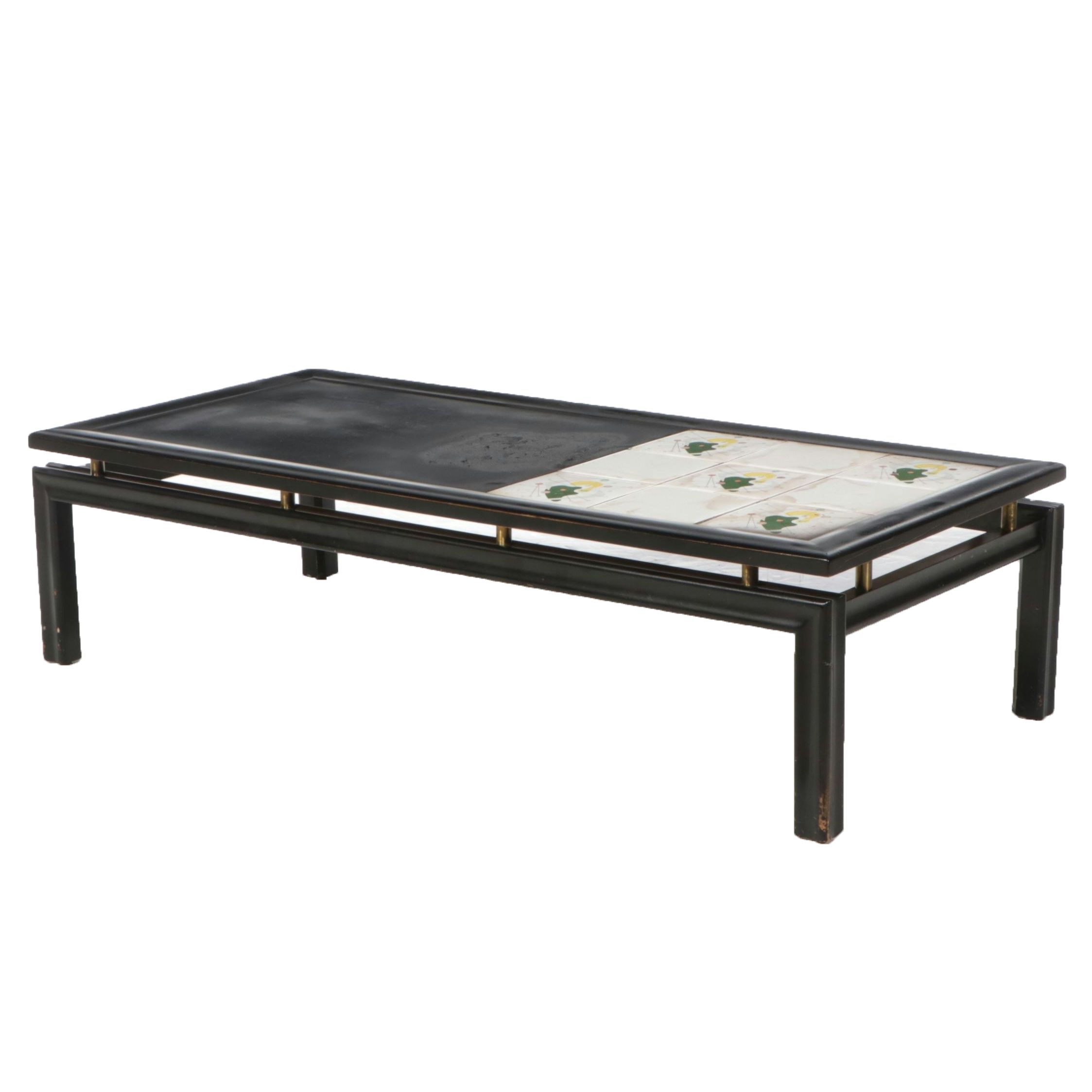 Mid-Century Modern Ebonized Wood Coffee Table with Atomic Ceramic Tiles