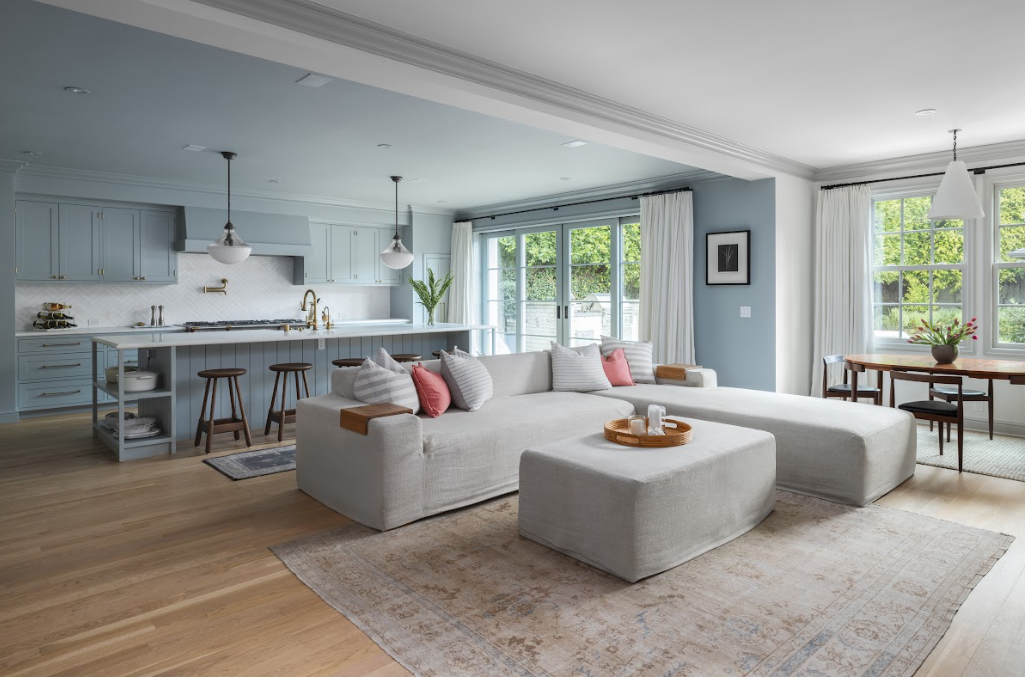 Jake Arnold Collection Modern Linen Blend Upholstered Sectional with Ottoman