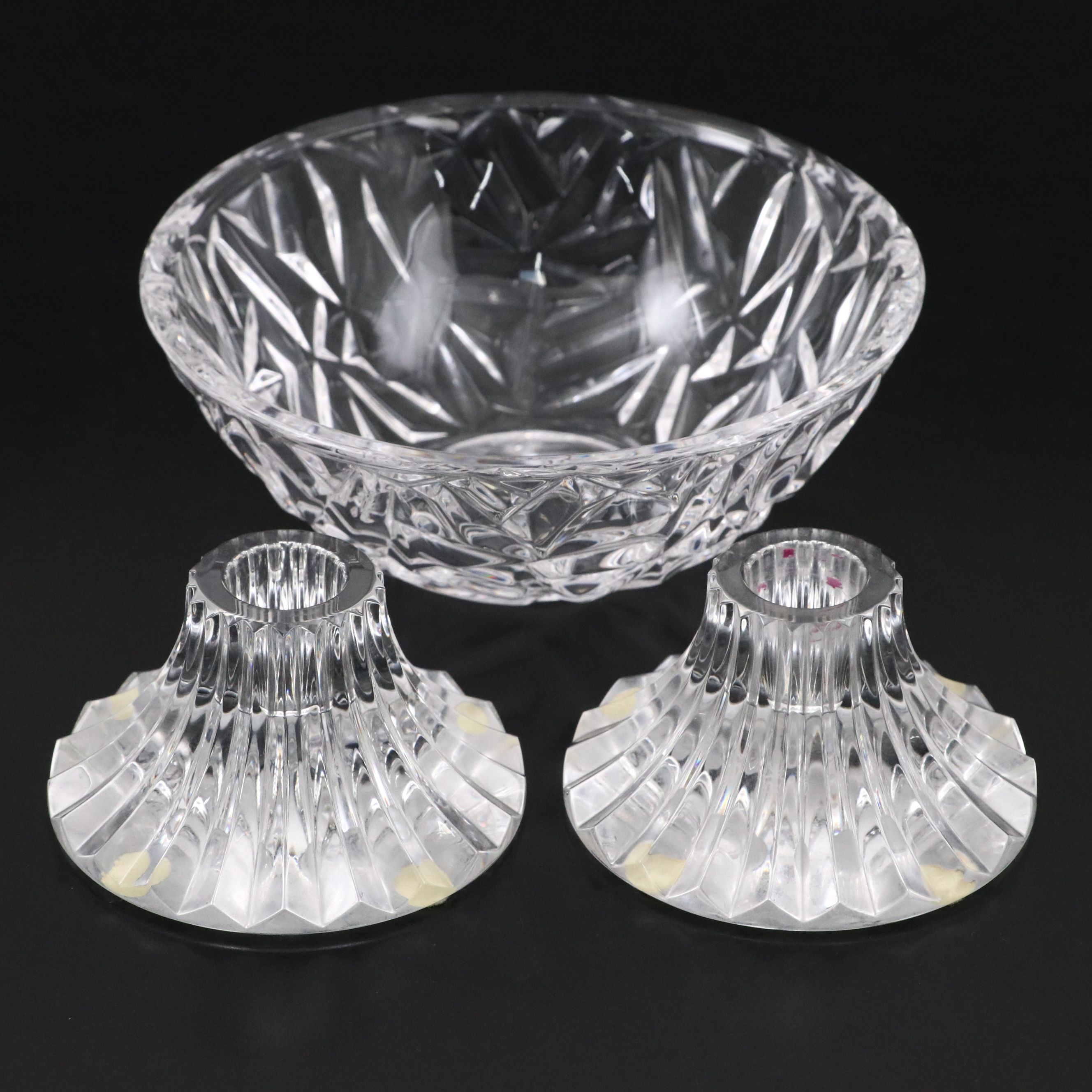 Tiffany & Co. "Rock Cut" Crystal Bowl with Baccarat "Massena" Candlestick Pair