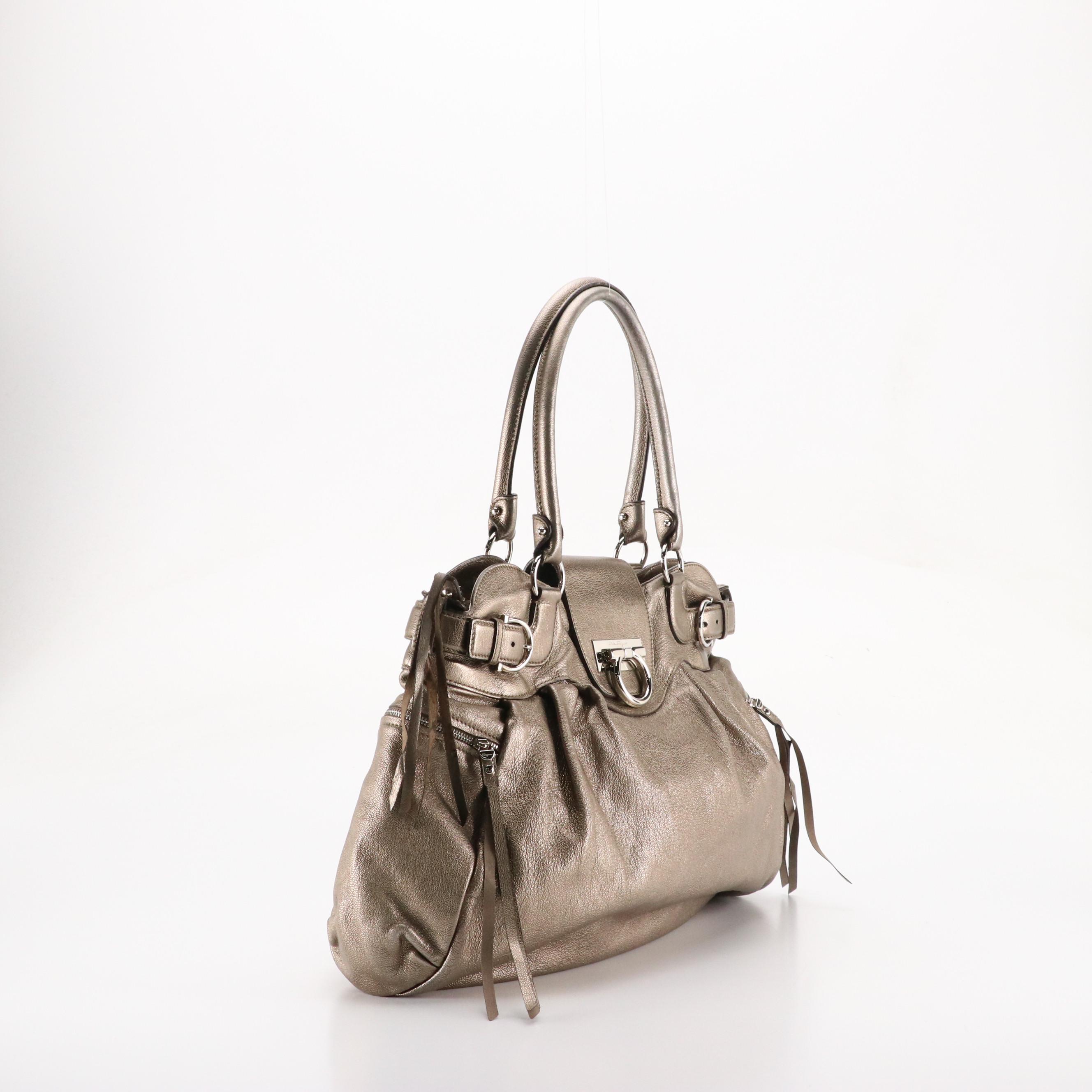Salvatore Ferragamo Marisa Shoulder Bag in Metallic Pewter Calfskin Leather