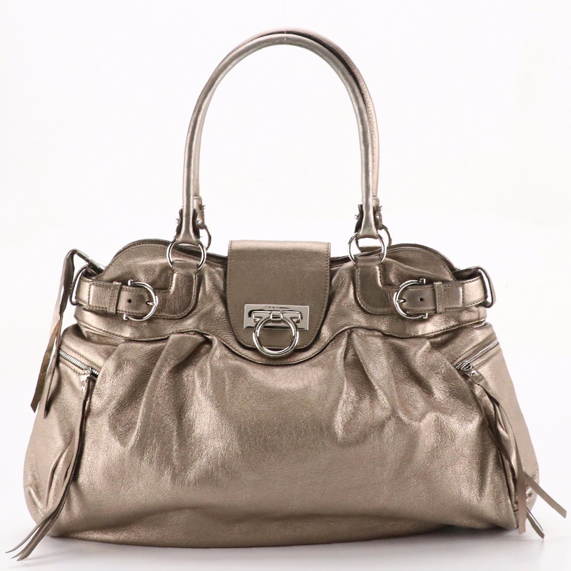 Salvatore Ferragamo Marisa Shoulder Bag in Metallic Pewter Calfskin Leather