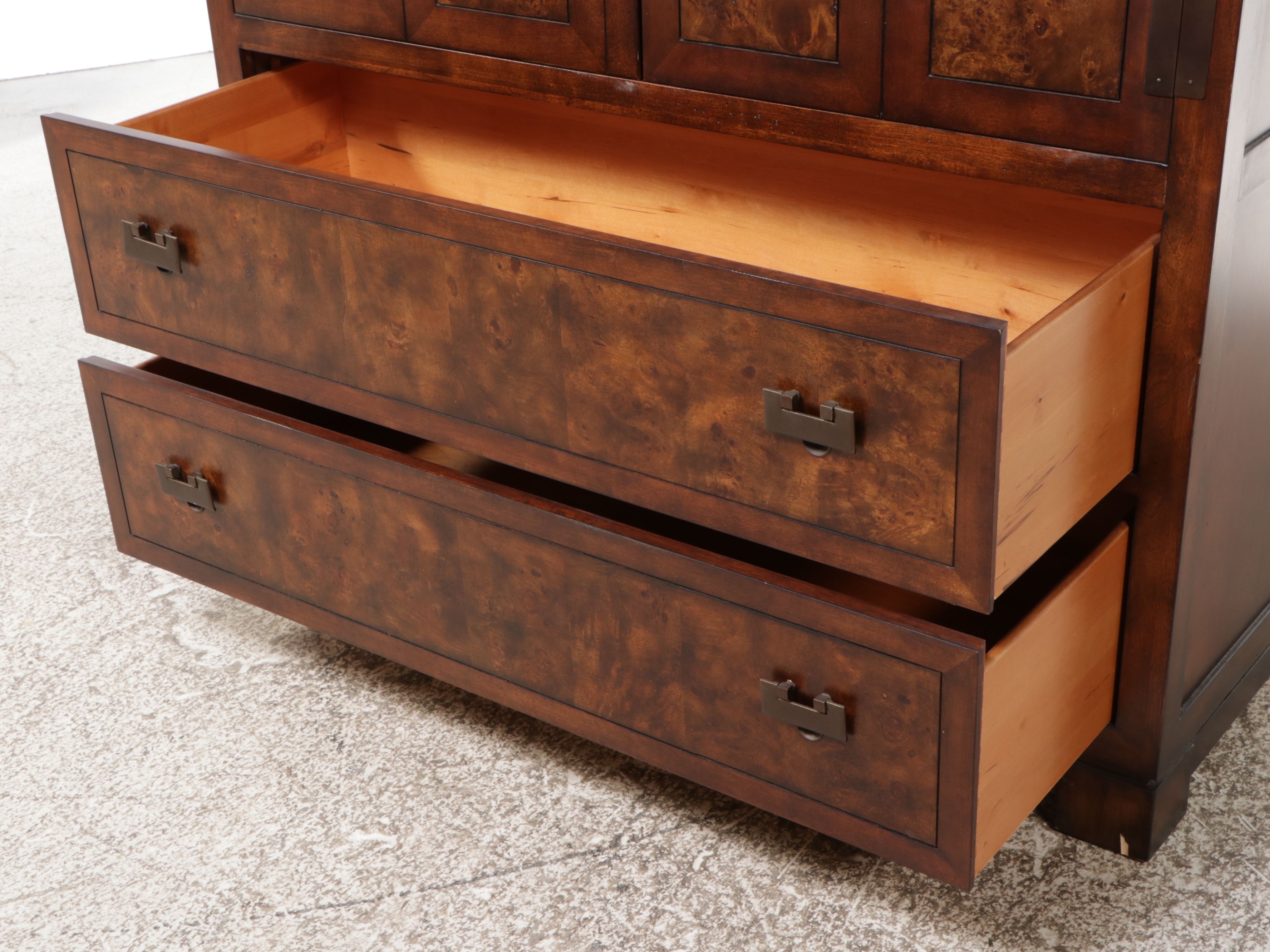 Chinese Style Burl Wood Accented Media Cabinet