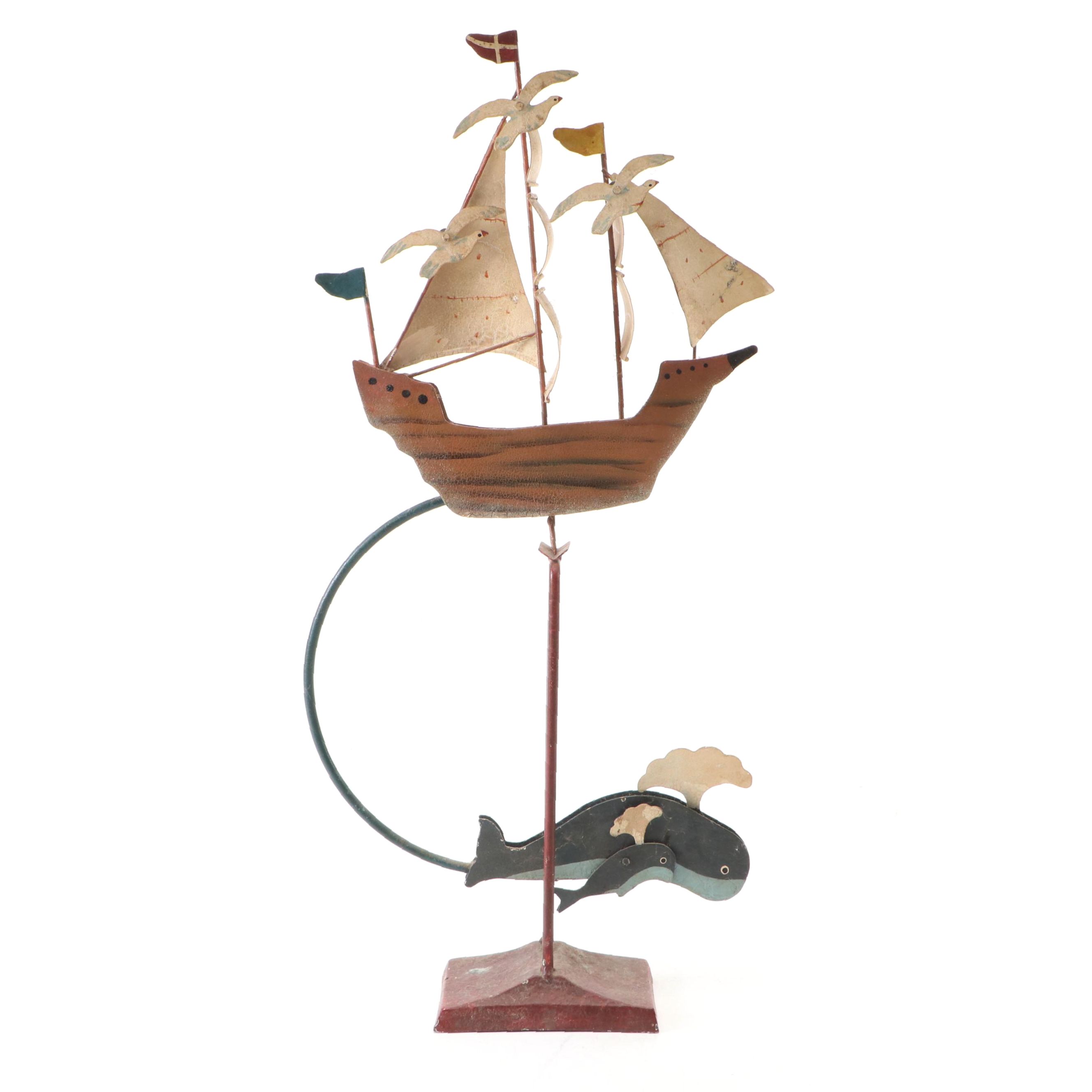 Folk Art Style Ship and Whale Metal Kinetic Balance Sculpture