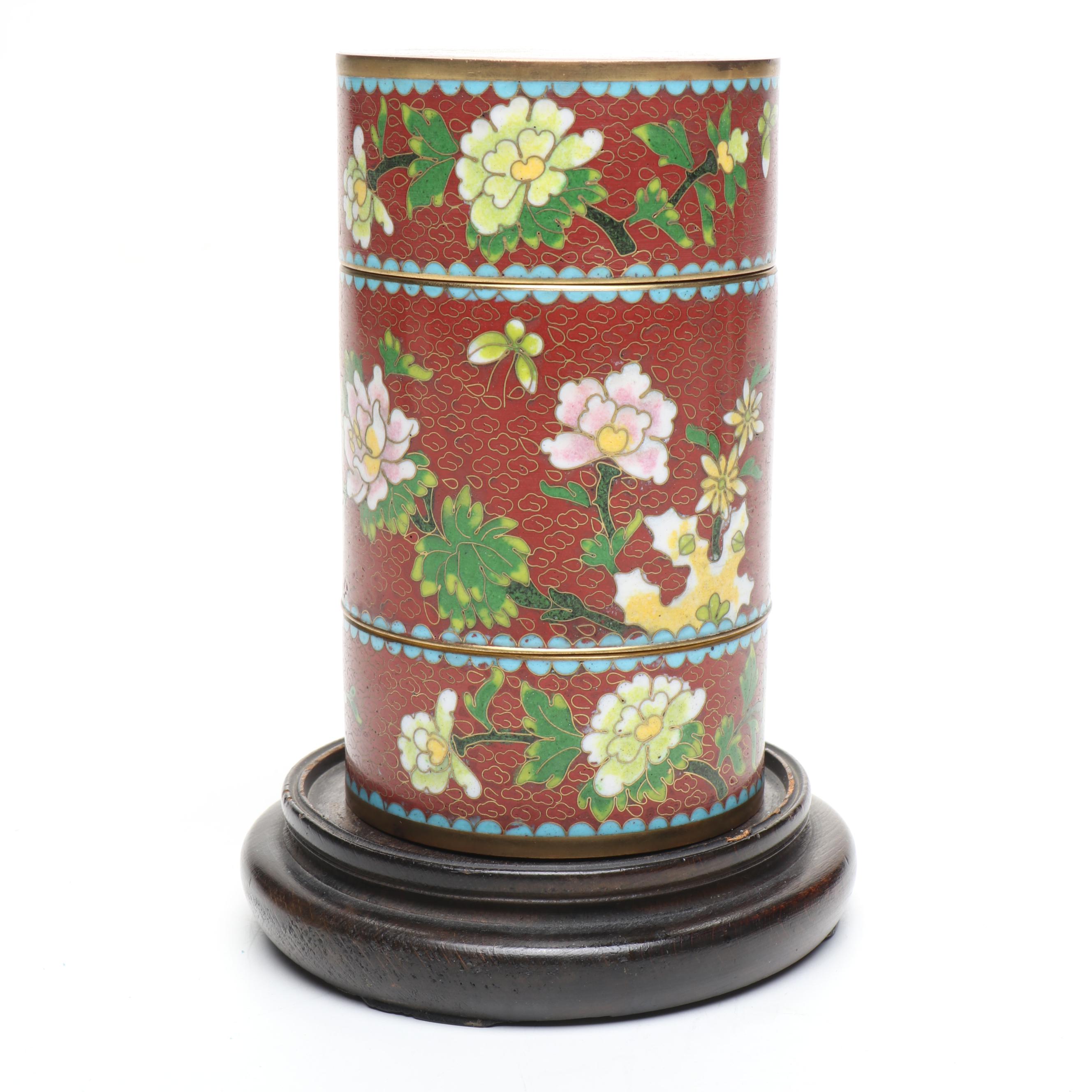Chinese Red Floral Cloisonné Lidded Vessels with Stacking Decorative Box