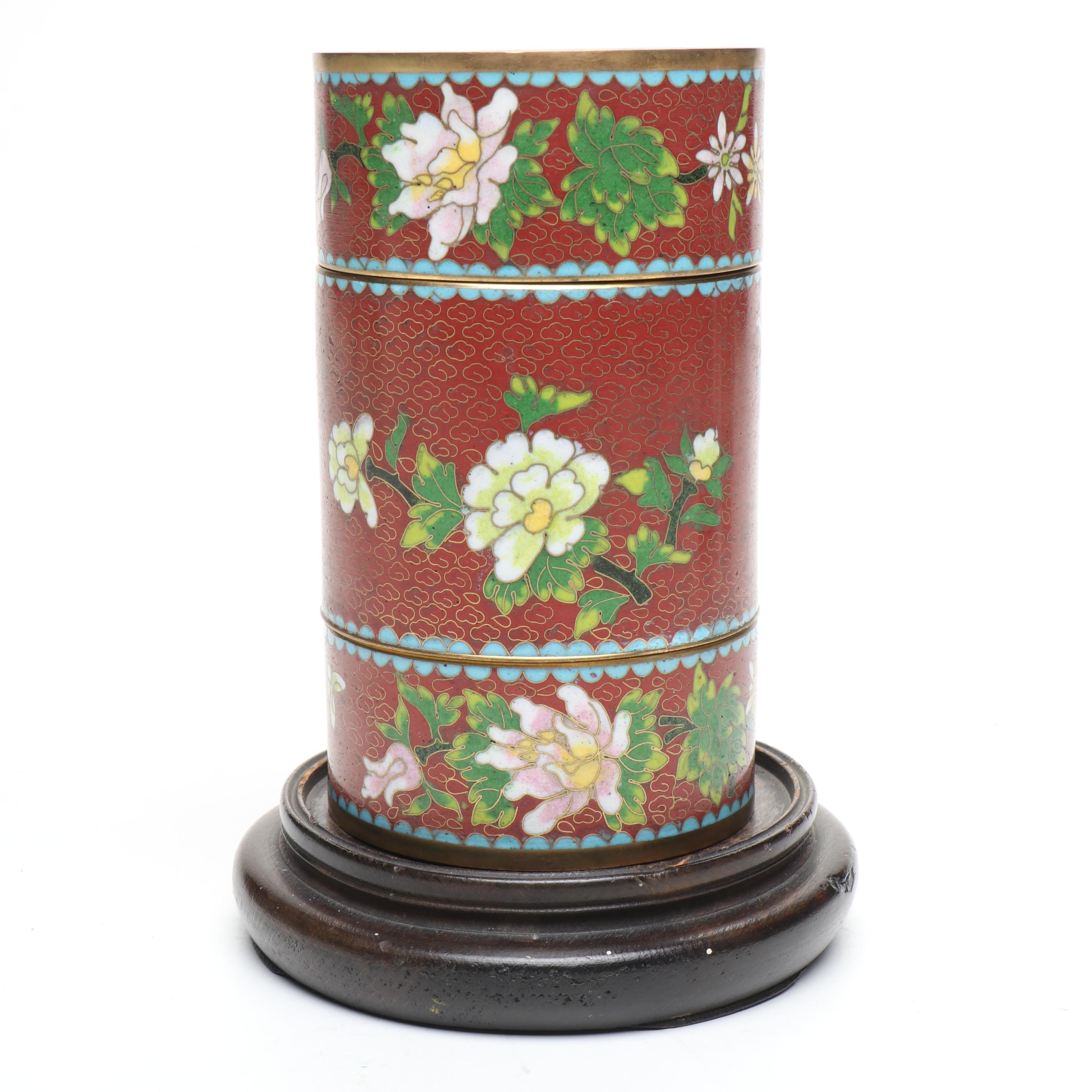 Chinese Red Floral Cloisonné Lidded Vessels with Stacking Decorative Box