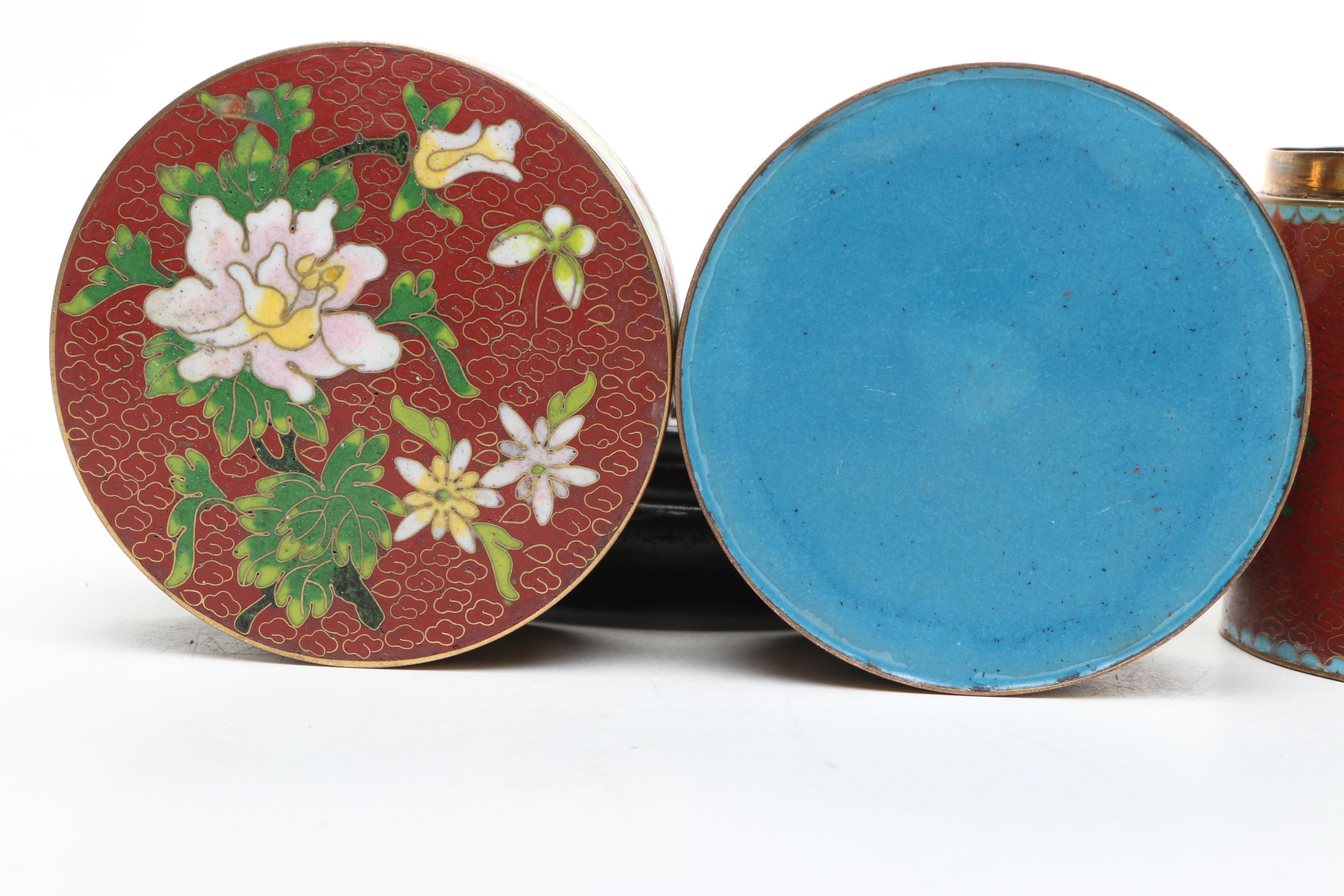 Chinese Red Floral Cloisonné Lidded Vessels with Stacking Decorative Box