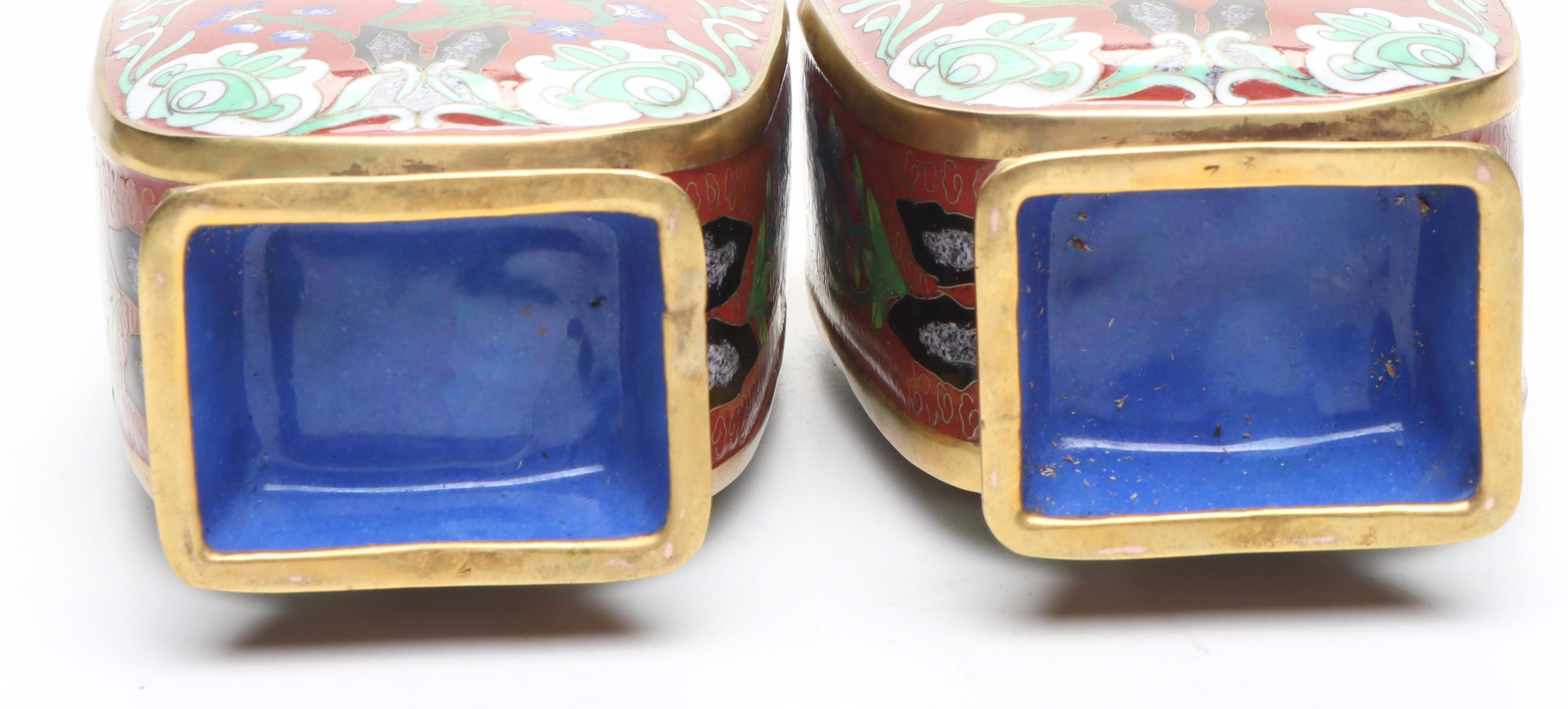 Chinese Red Floral Cloisonné Lidded Vessels with Stacking Decorative Box