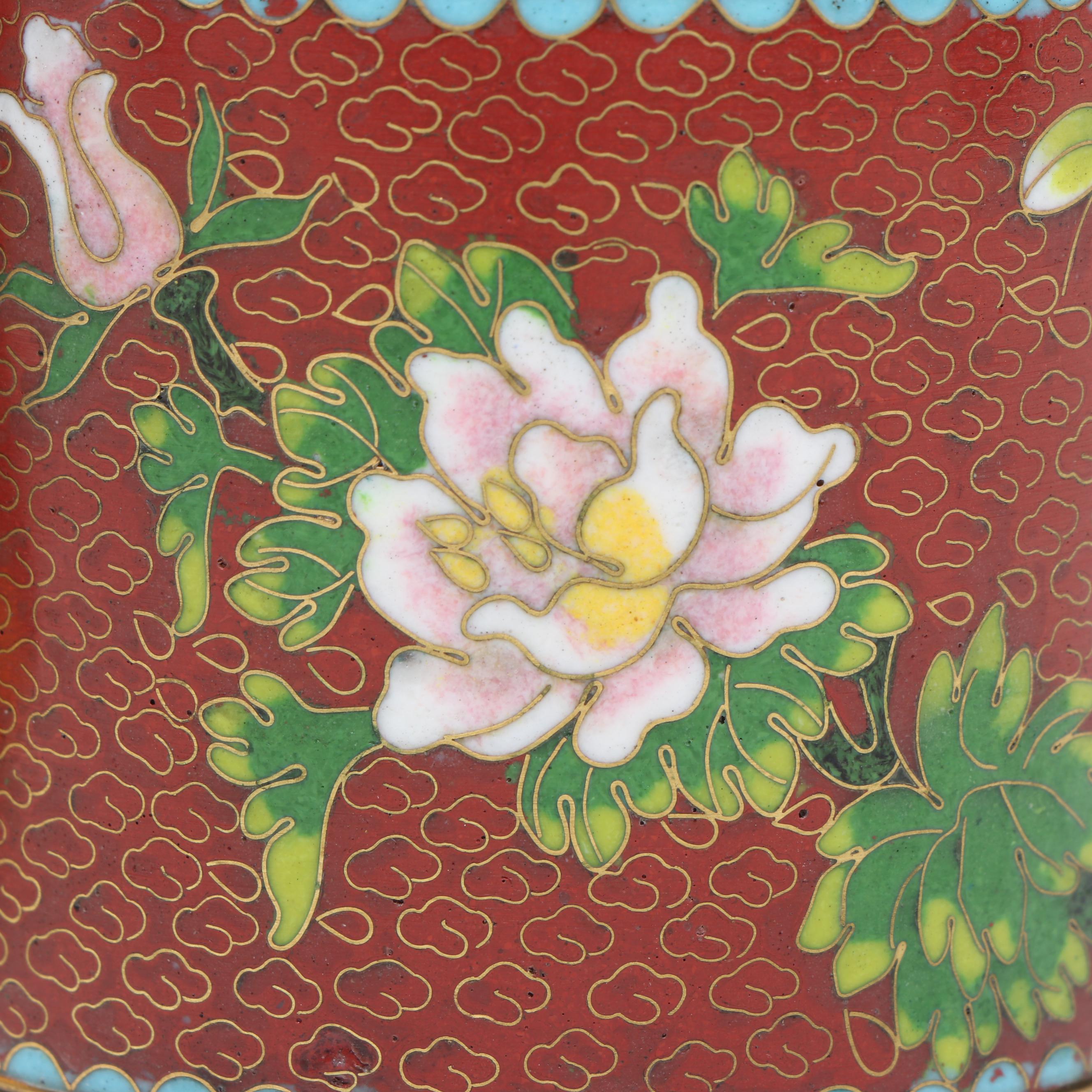 Chinese Red Floral Cloisonné Lidded Vessels with Stacking Decorative Box