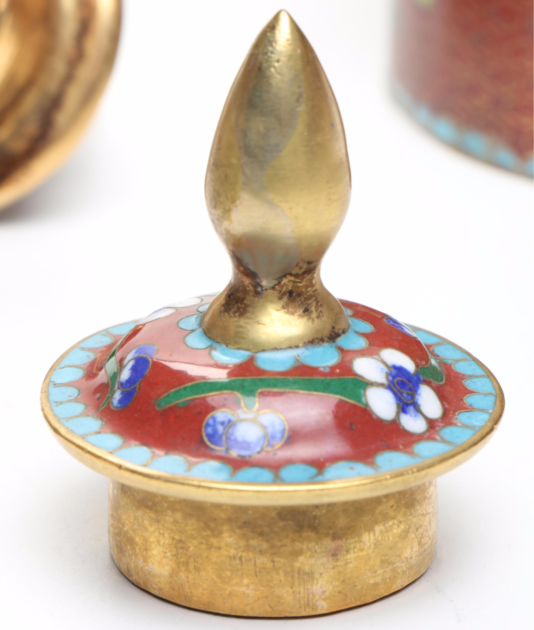 Chinese Red Floral Cloisonné Lidded Vessels with Stacking Decorative Box