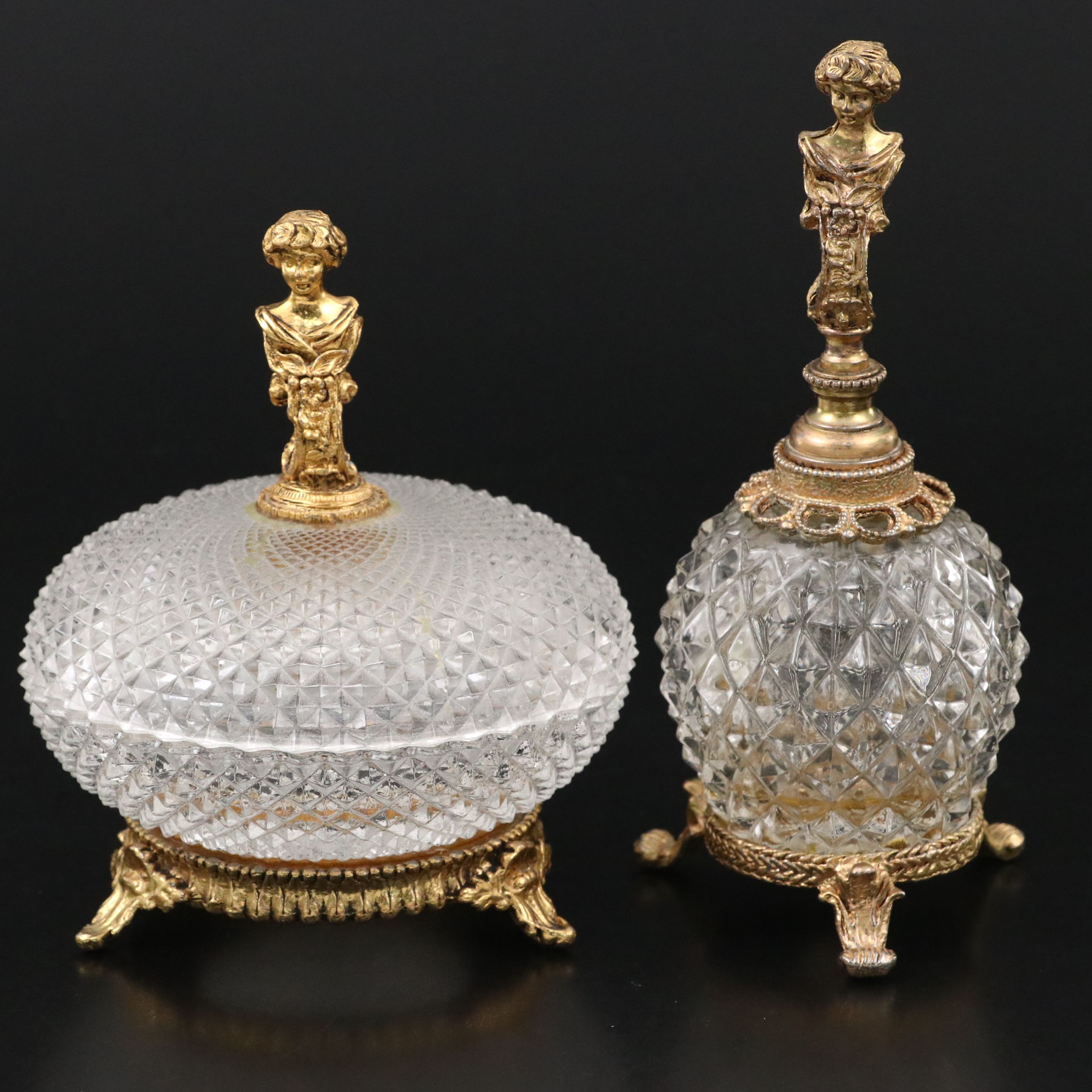 Ormolu Mount Diamond Quilt Glass Covered Bowls with Gilt Metal Finials