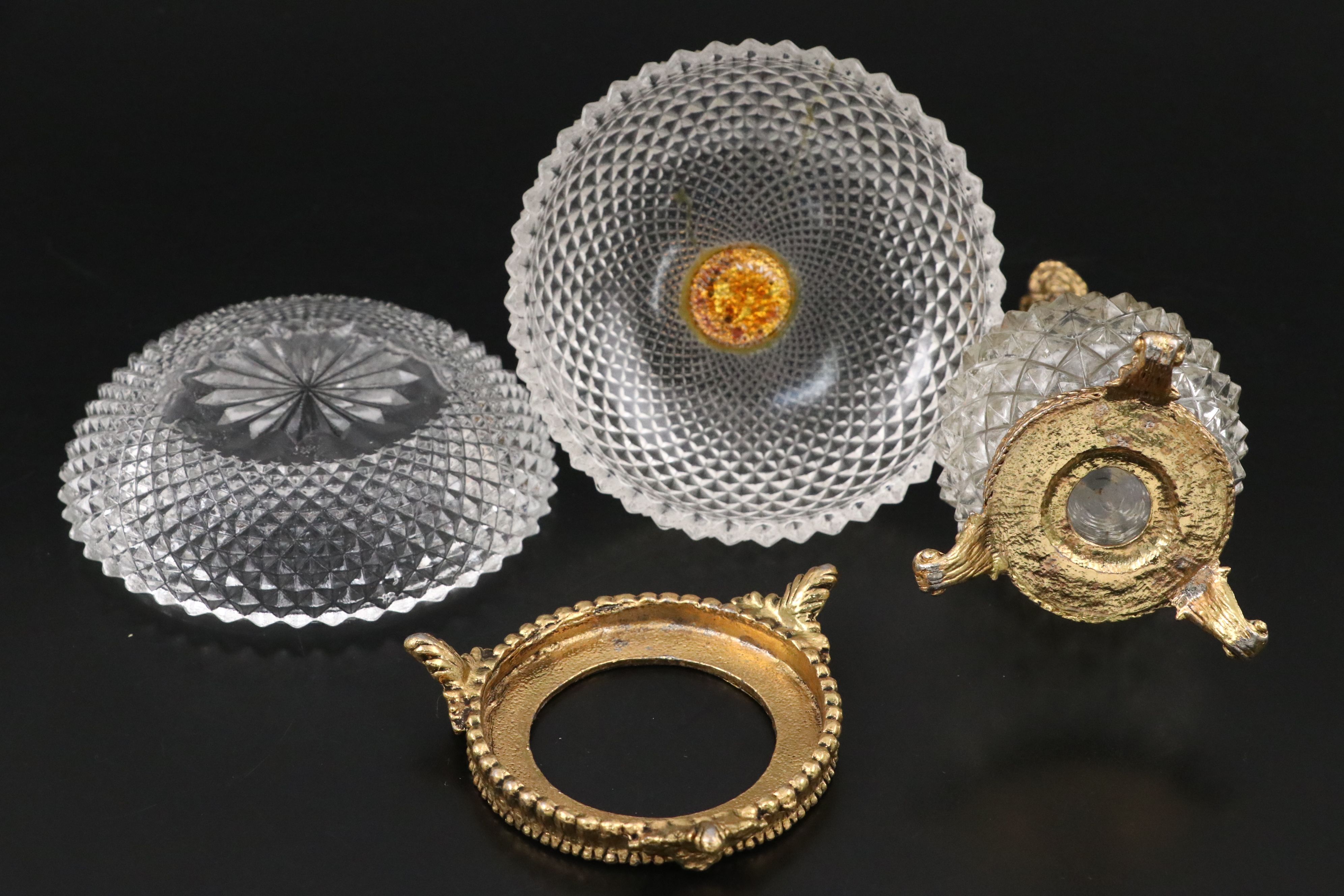 Ormolu Mount Diamond Quilt Glass Covered Bowls with Gilt Metal Finials