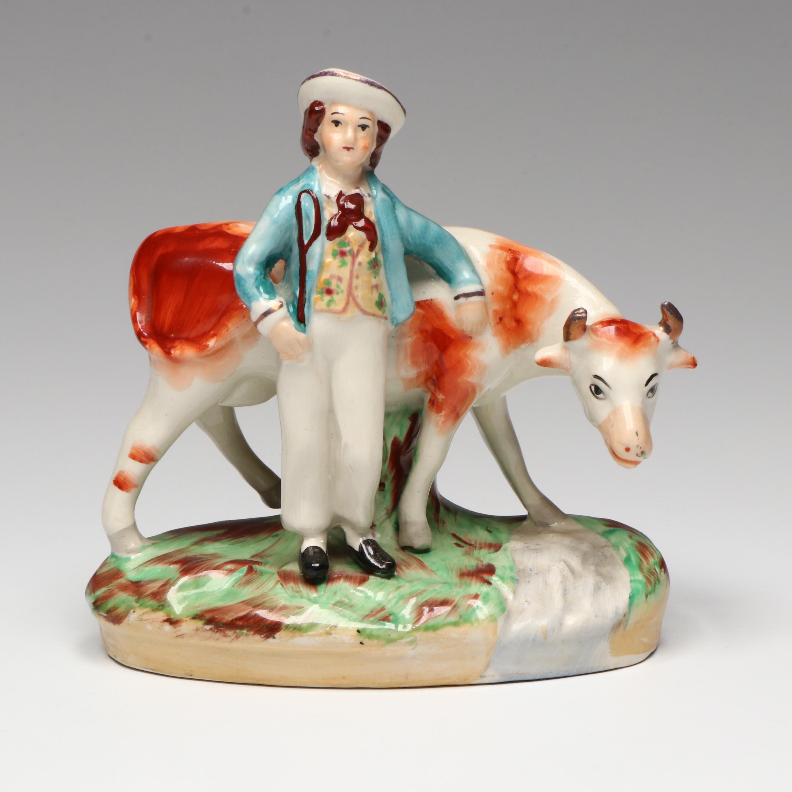 Staffordshire Boy with Cow Figurine, Early to Mid-20th Century