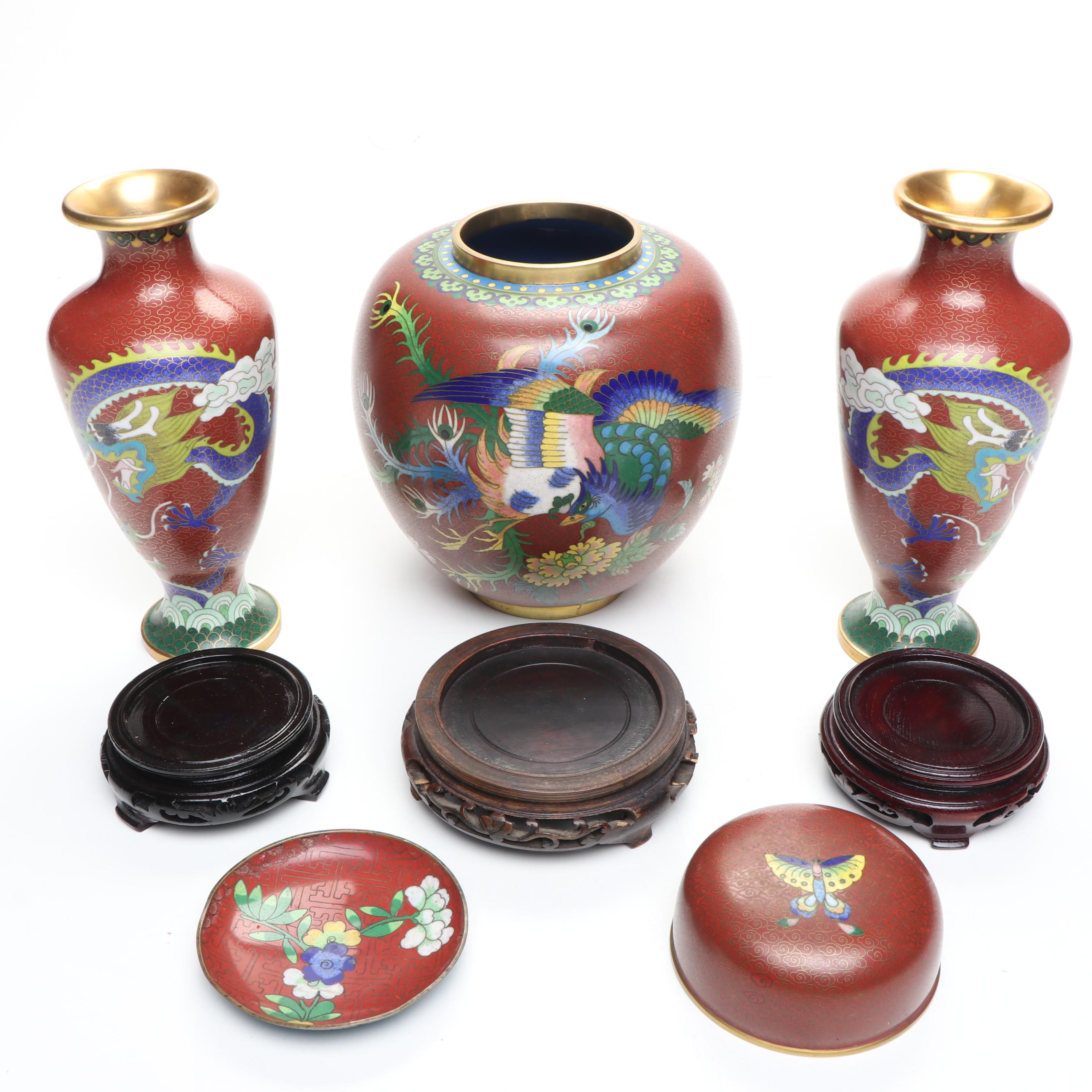 Chinese Peacock Cloisonné Ginger Jar with Dragon Vases and Floral Plate