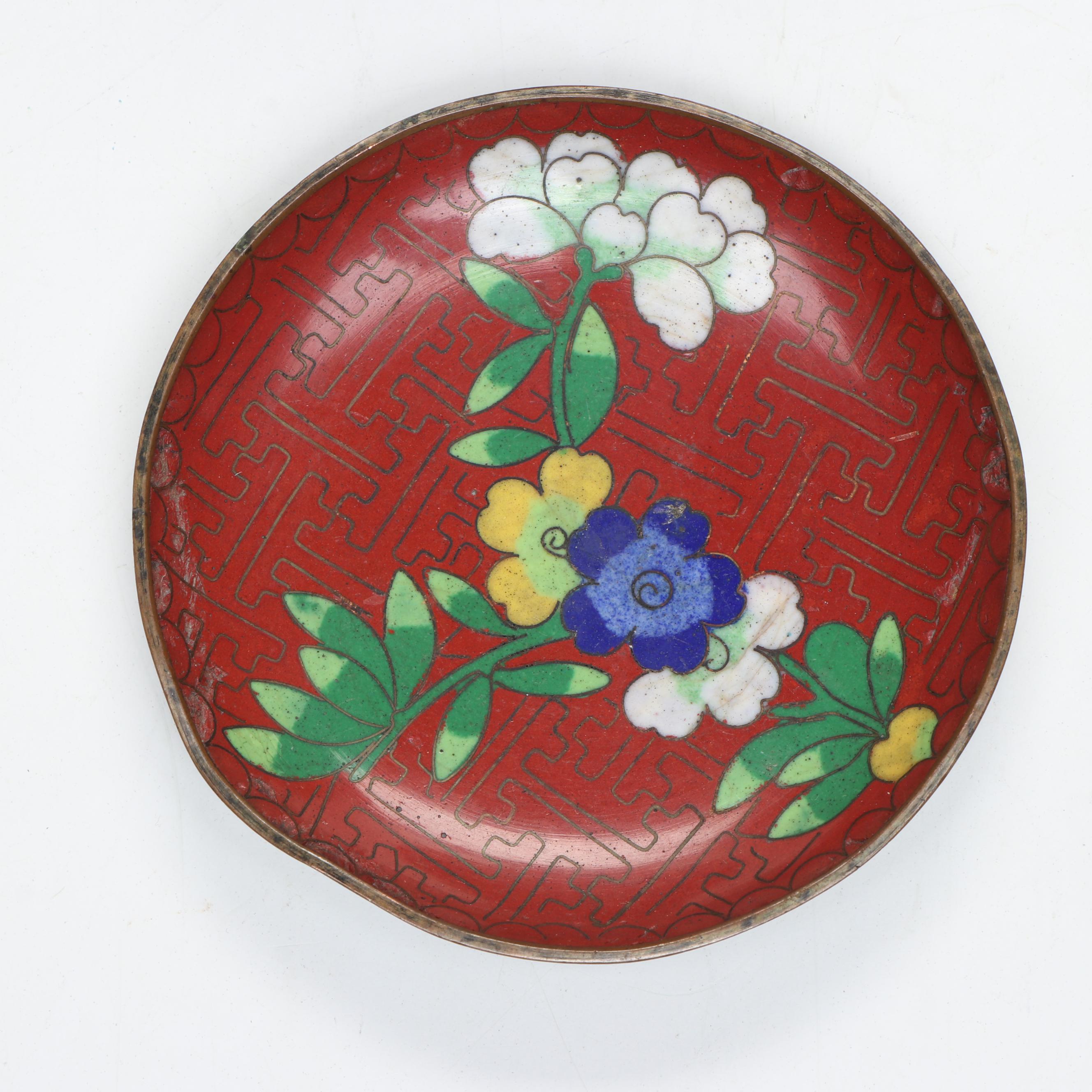 Chinese Peacock Cloisonné Ginger Jar with Dragon Vases and Floral Plate