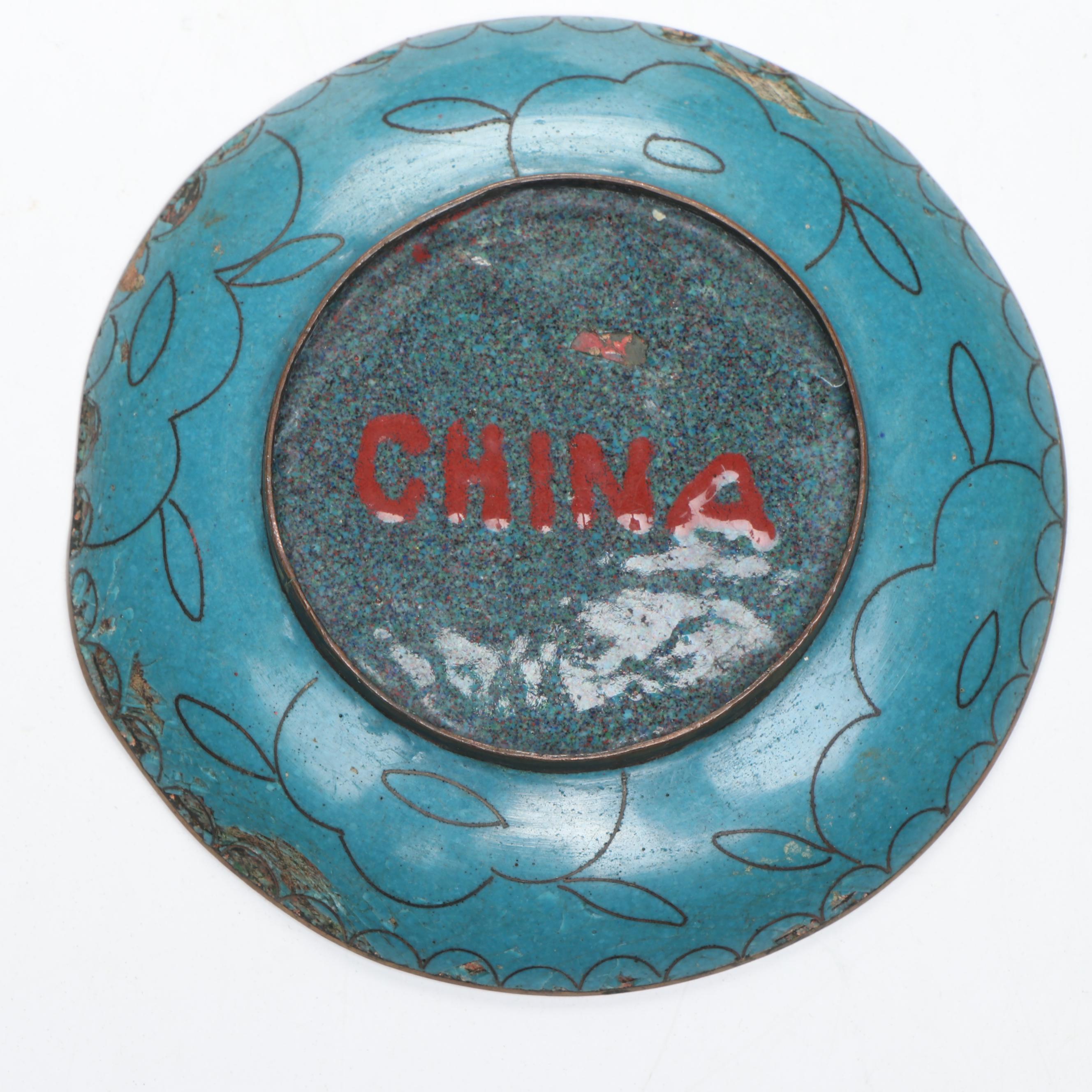 Chinese Peacock Cloisonné Ginger Jar with Dragon Vases and Floral Plate