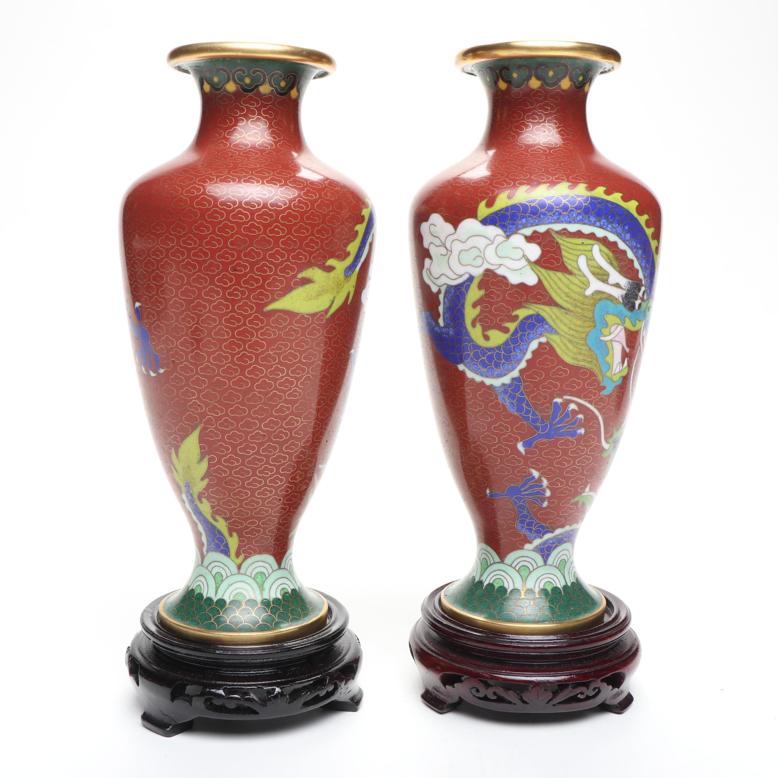 Chinese Peacock Cloisonné Ginger Jar with Dragon Vases and Floral Plate