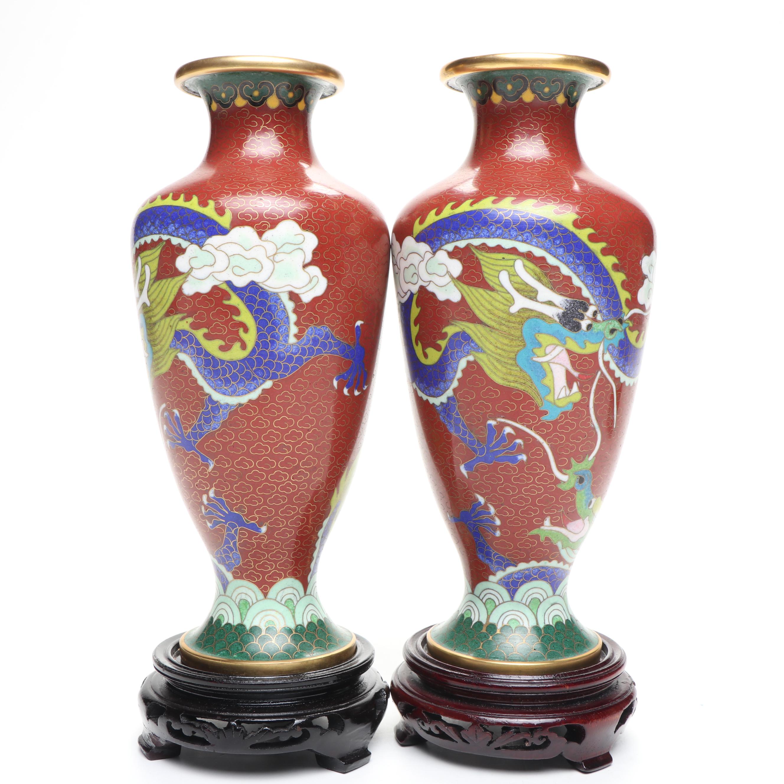 Chinese Peacock Cloisonné Ginger Jar with Dragon Vases and Floral Plate