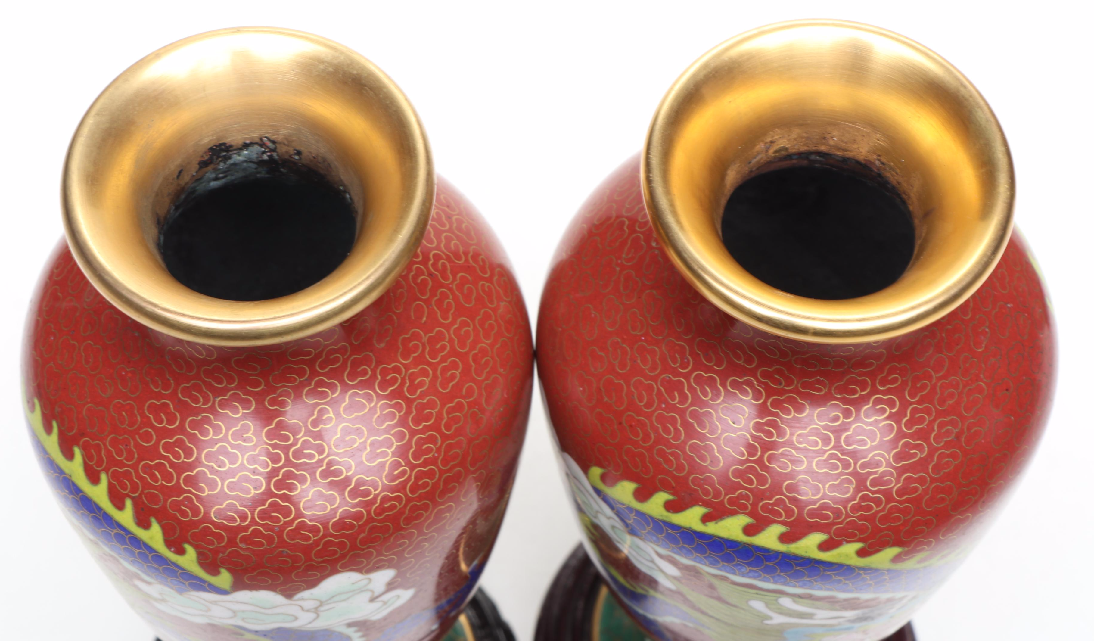 Chinese Peacock Cloisonné Ginger Jar with Dragon Vases and Floral Plate