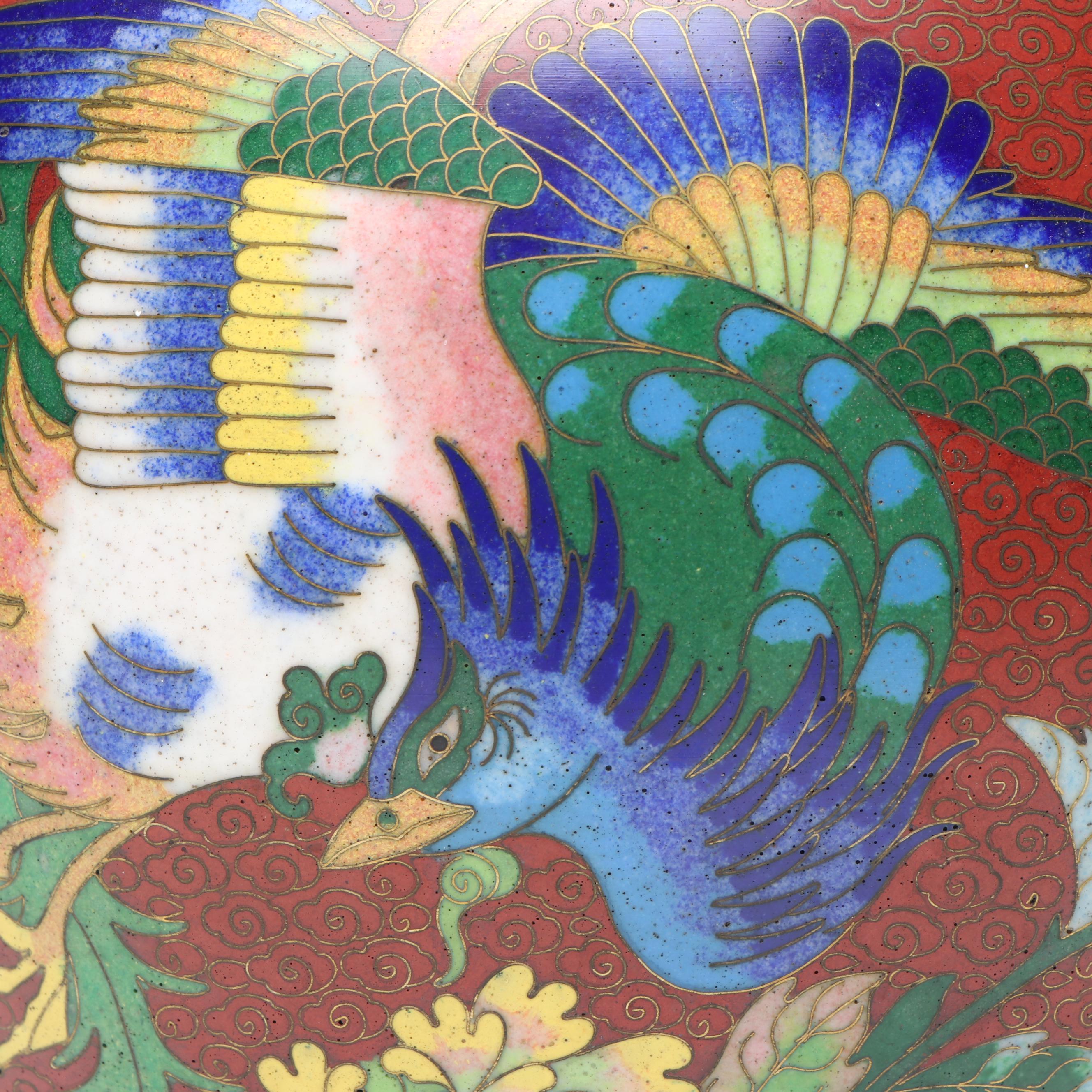 Chinese Peacock Cloisonné Ginger Jar with Dragon Vases and Floral Plate