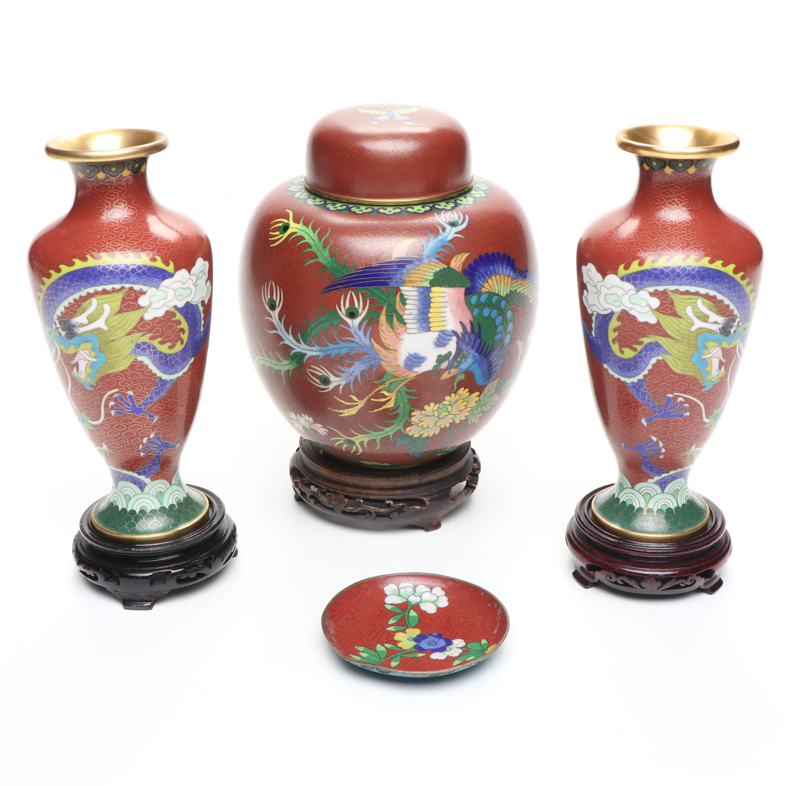 Chinese Peacock Cloisonné Ginger Jar with Dragon Vases and Floral Plate