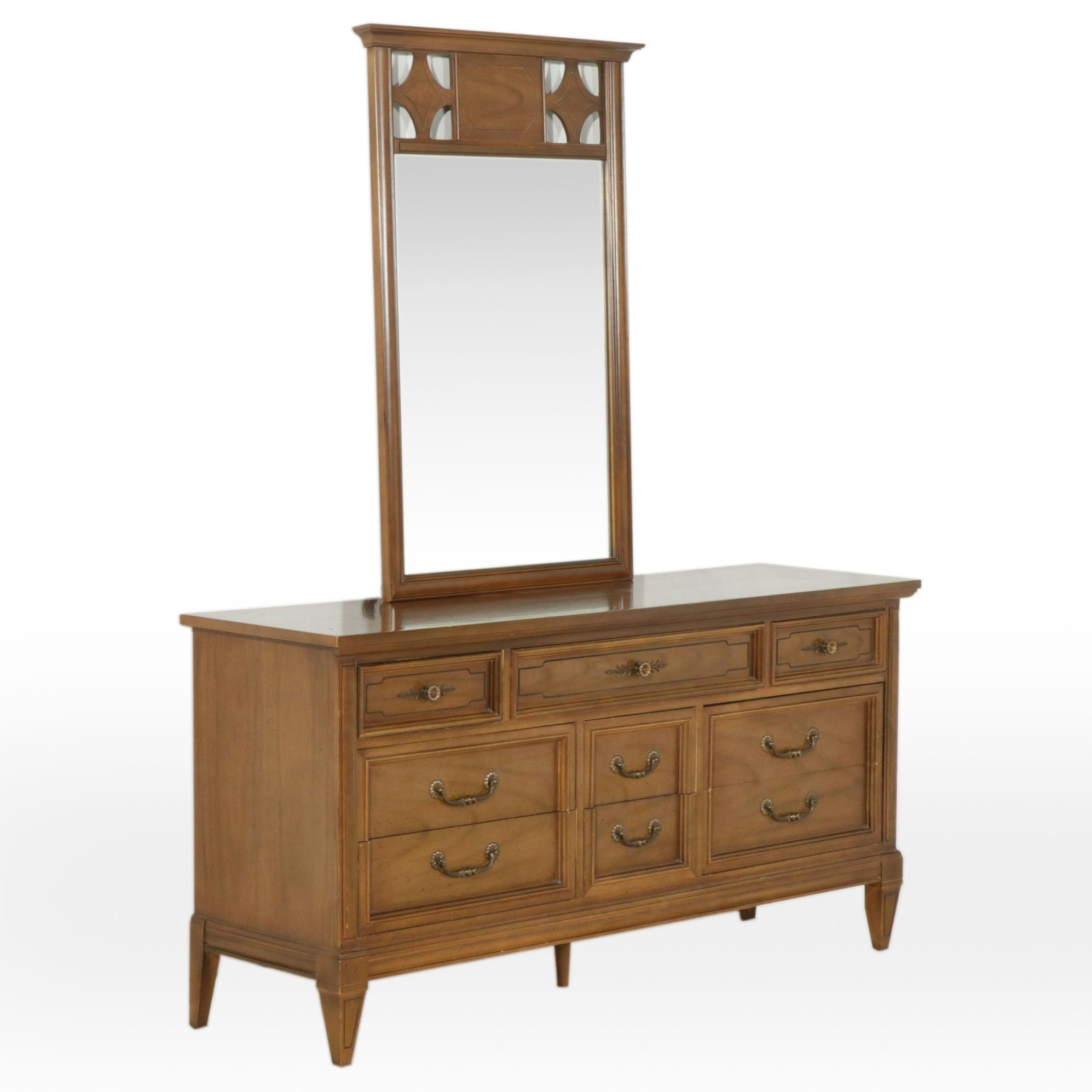 Walnut Dresser and Mirror, Mid to Late 20th Century