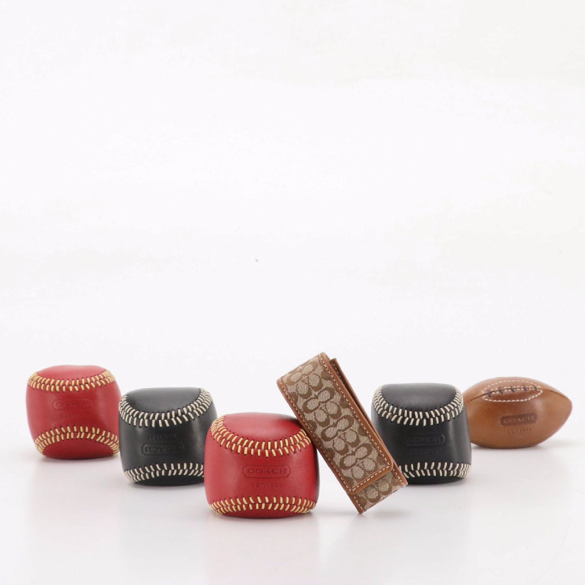 Coach Baseball & Football Shaped Leather Paperweights with Canvas Lipstick Case